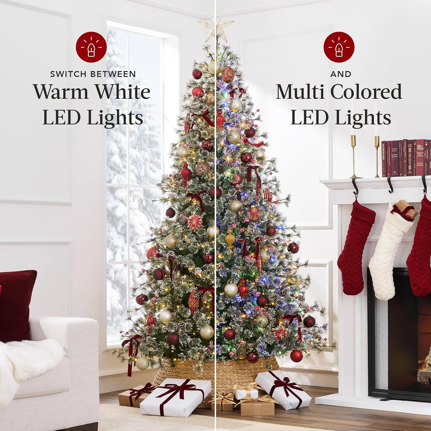 Christmas tree illuminated with warm white LED lights on one side and multicolor LED lights on the other.