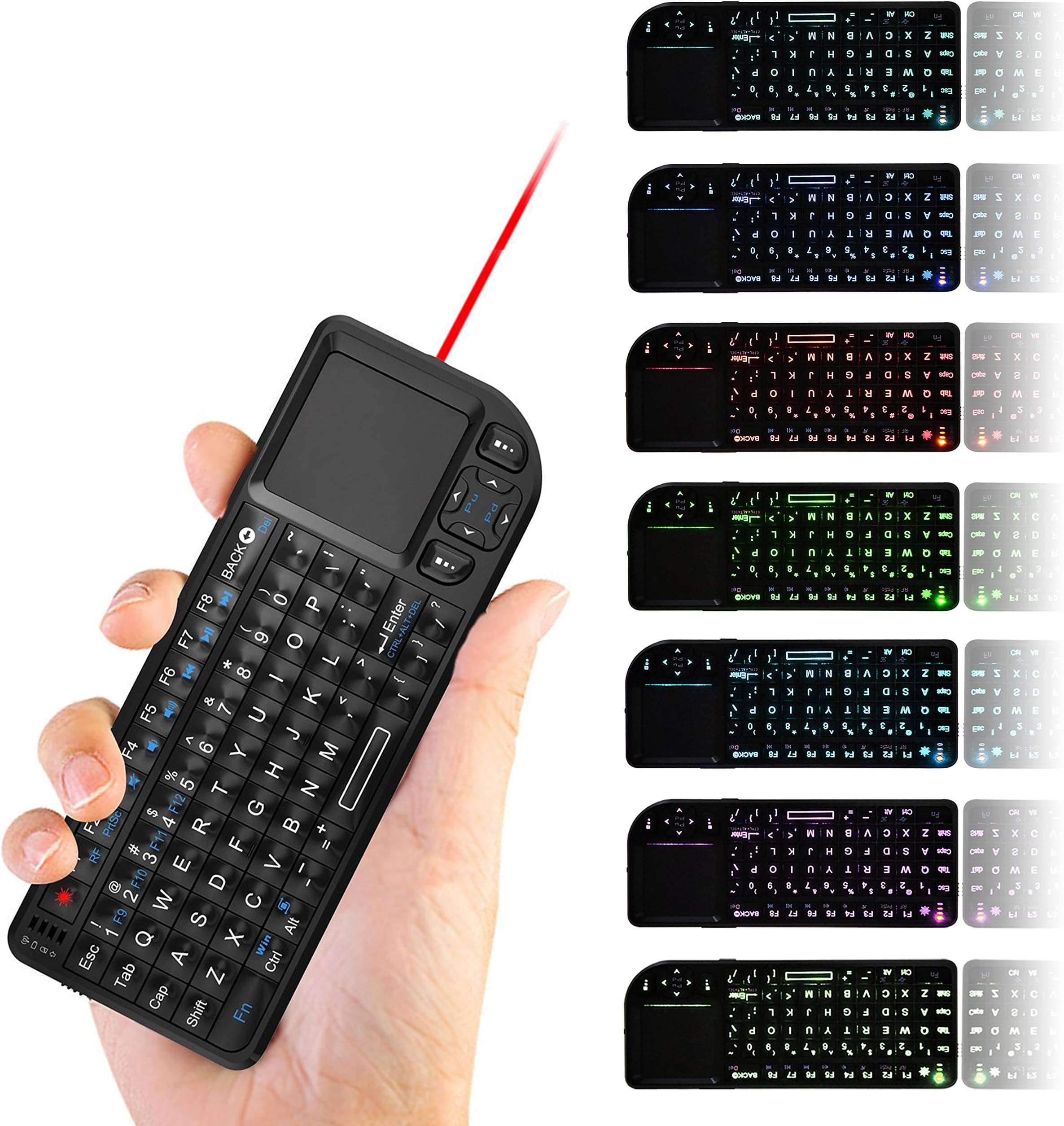 Backlit Mini Wireless Keyboard + Touchpad + Mouse with Laser Pointer, 2.4 GHz USB Remote Control LED Illuminated Rechargeable Li-Ion Battery for Android TV Box PC Tablets Laptop Gift for Father's Day