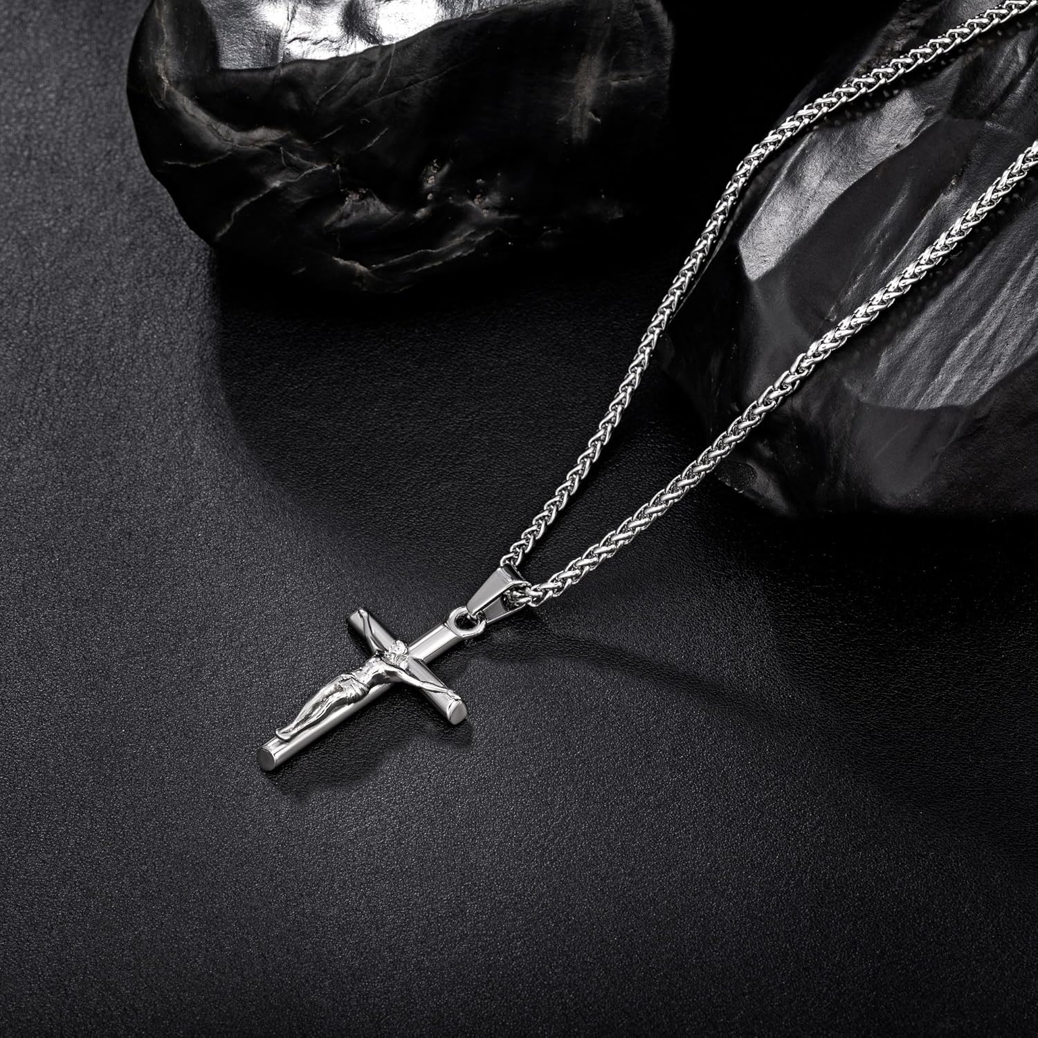 Speroto Jesus Cross Necklace for Men, Silver and Gold Mens Carved Jesus Cross Pendant with Wheat Chain, Simple Jewelry Gift for Men Women - Image 5