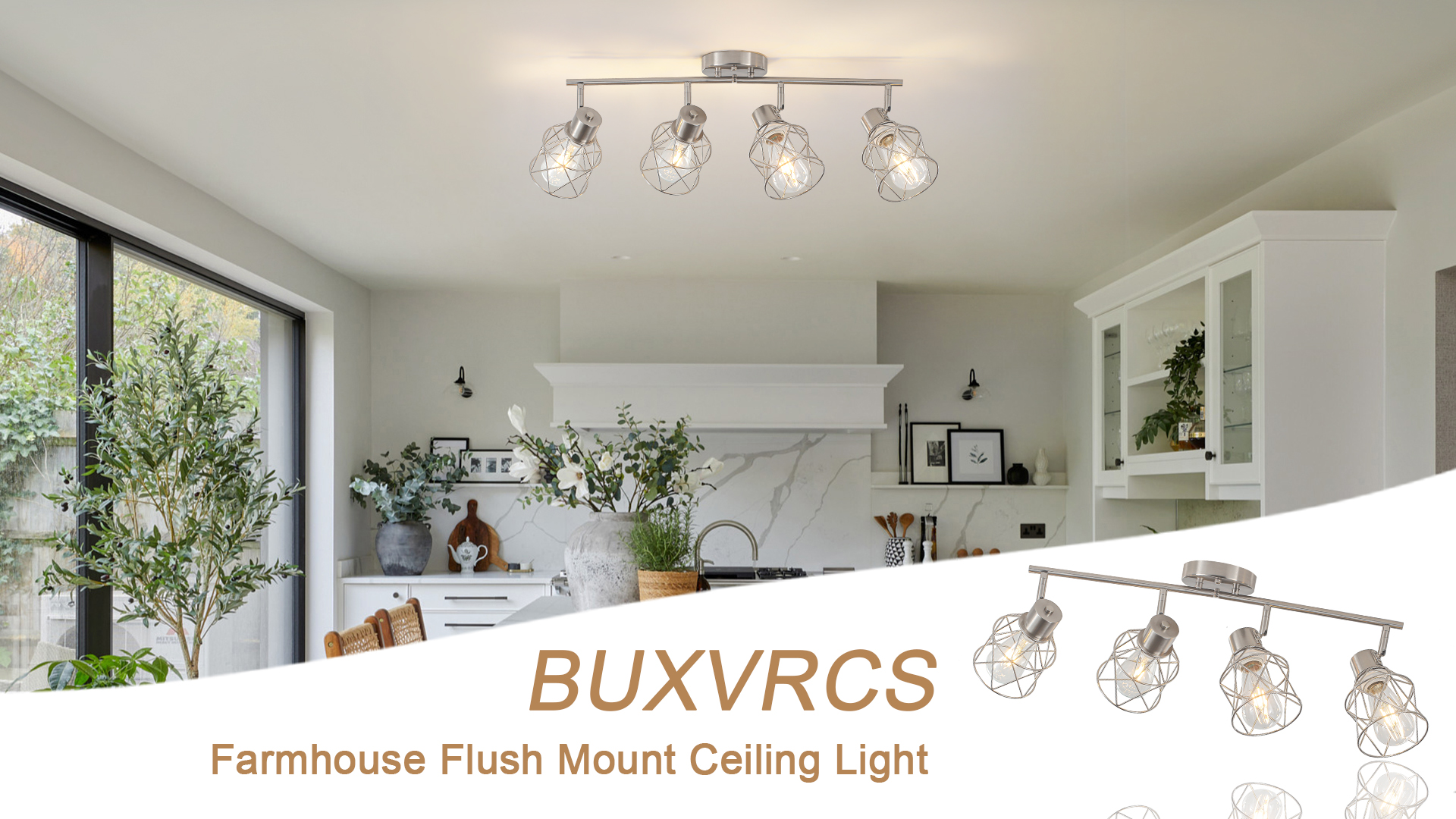 Image of BUXVRCS Adjustable Multi-Directional Brushed Nickel Light Fixtures, Semi Flush Mount Ceiling Light, Kitchen Light Fixtures Ceiling Mount, Geometric Metal Cage Industrial Spotlight Fixtures