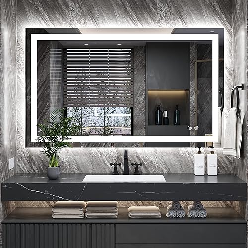 Espejo LED para baño de 40 x 24 pulgadas, retroiluminado + espejo de tocador iluminado frontal con luces para pared con antiniebla, regulable