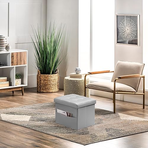 Miniatura 4 de AmasSmile Otomán de Almacenamiento Plegable Reposapiés con Bolsillo Lateral, Banco Reposapiés de Cuero de 16 Pulgadas, Banco Otomán Corto,