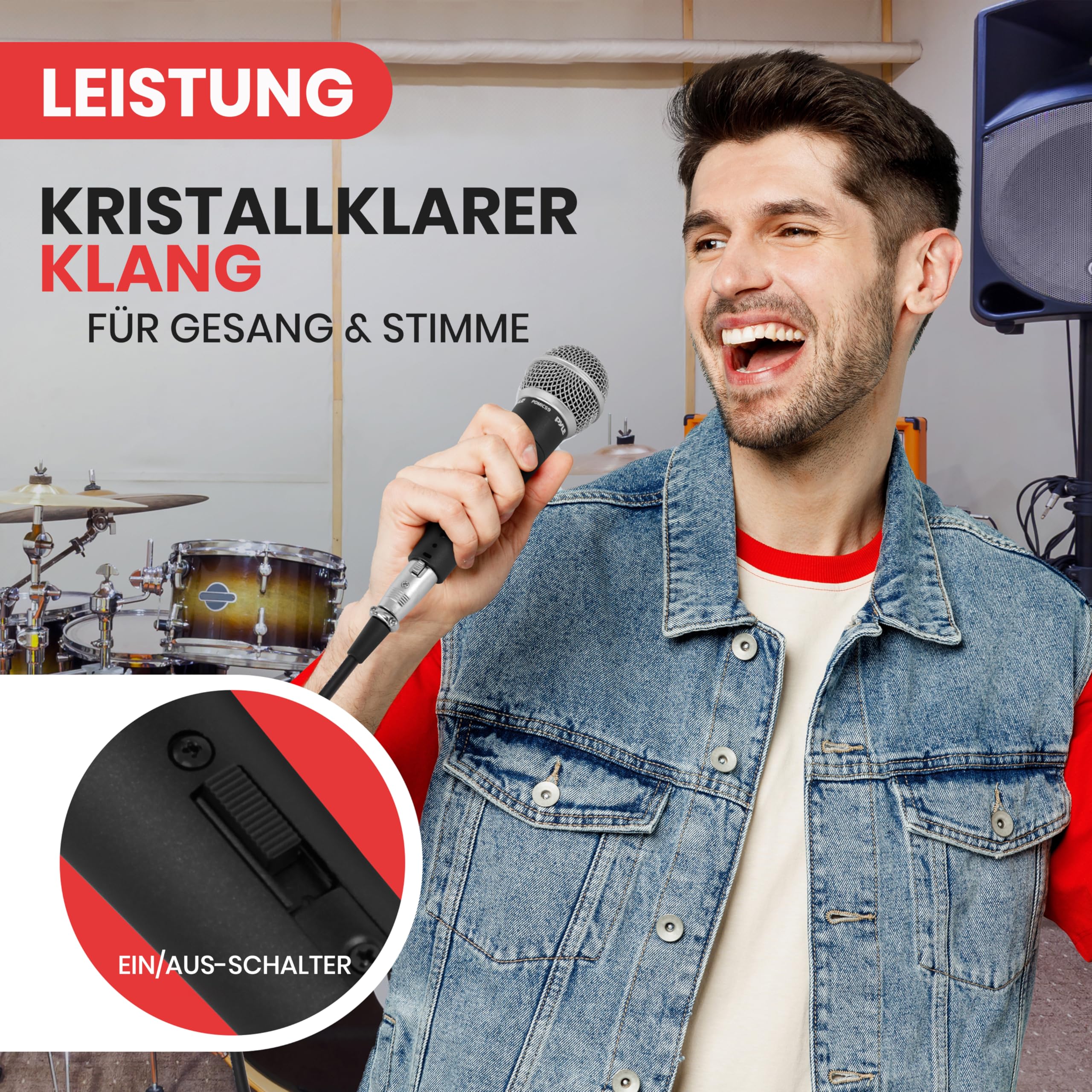 Pyle Dynamisches Mikrofon – Handmikrofon mit Kabel, Kardioid, XLR auf 6,35mm, 4,5m Länge, mit Schalter Klarer Klang und Rückkopplungsschutz - für Karaoke, Bühne und Studio - Robustes Vollmetallgehäuse