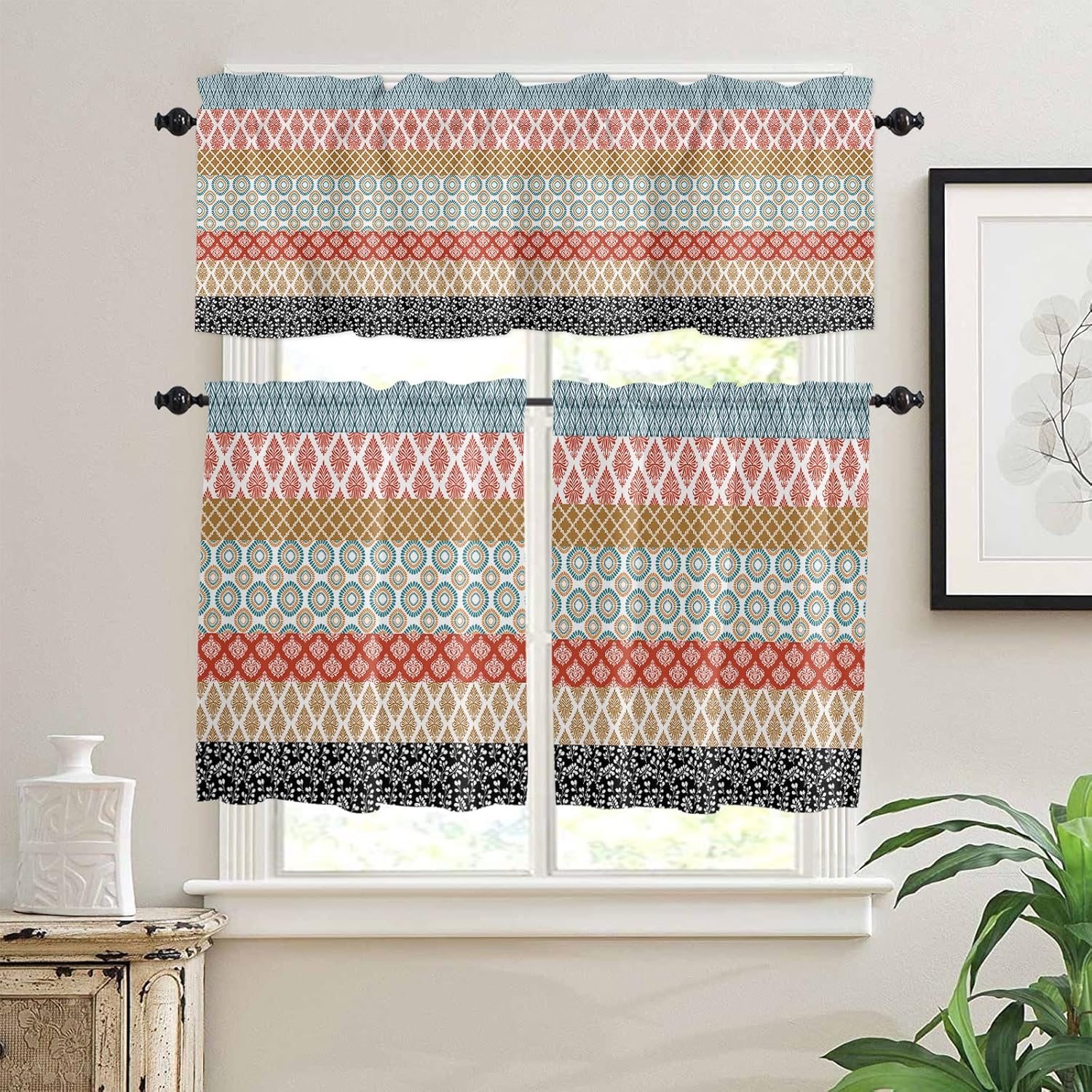 Boho Curtain Valance and Tier Curtains Set, Colorful Striped Ethnic Modern Geometric Abstract Art Farmhouse Kitchen Curtain 3 Piece Set Rod Pocket Window Short/Half/Small Tier Curtain 27.5x36x2 Panels
