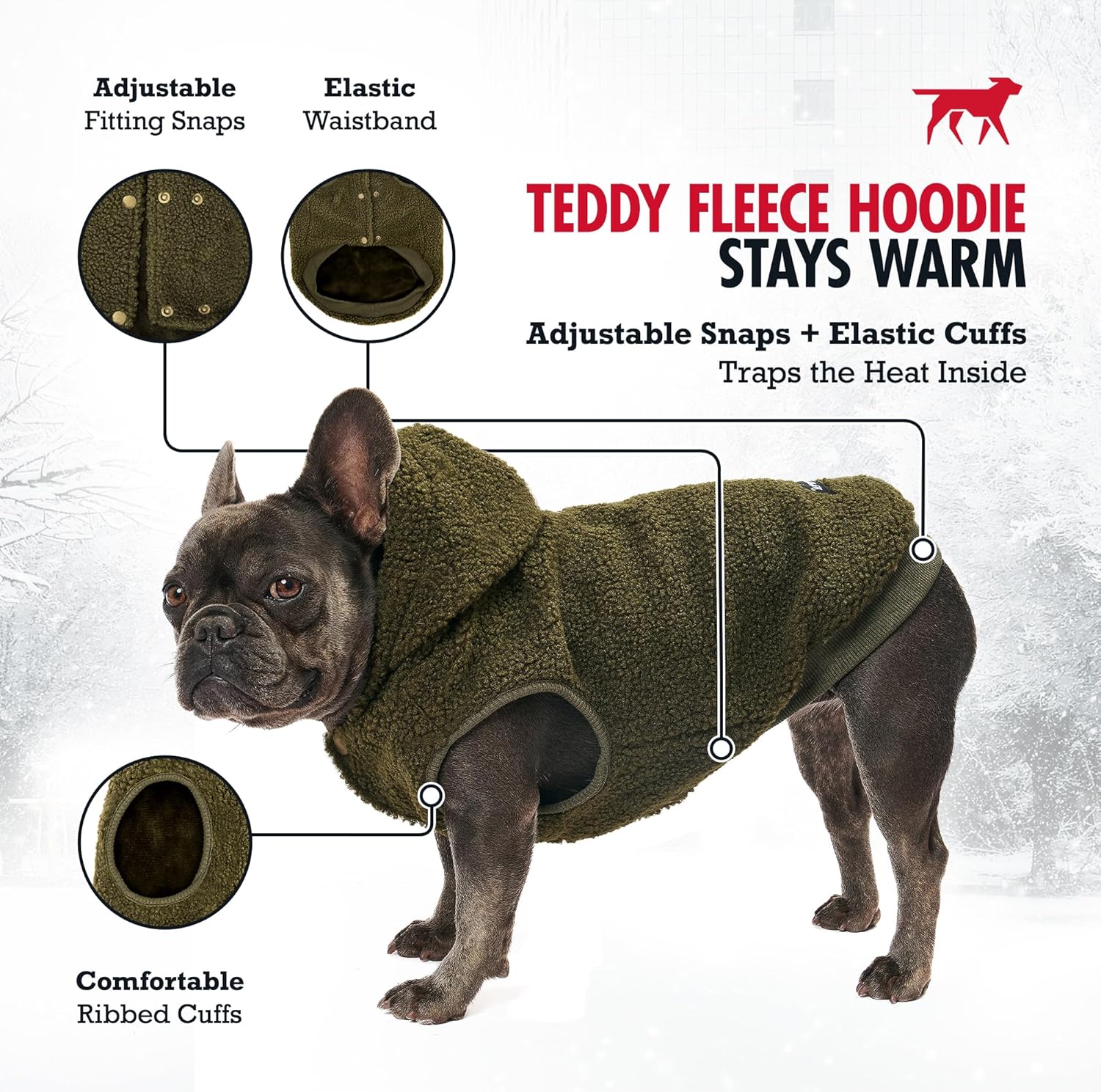 Tuff Pupper Fleece Dog Hoodie Sweater | Teddy Sherpa Outer & Soft Polar Fleece Lining | Adjustable Fit Winter Coat with Hood, Leash Hole, Ribbed Cuffs | for Small Medium Large XL XXL Dogs (Olive, S)