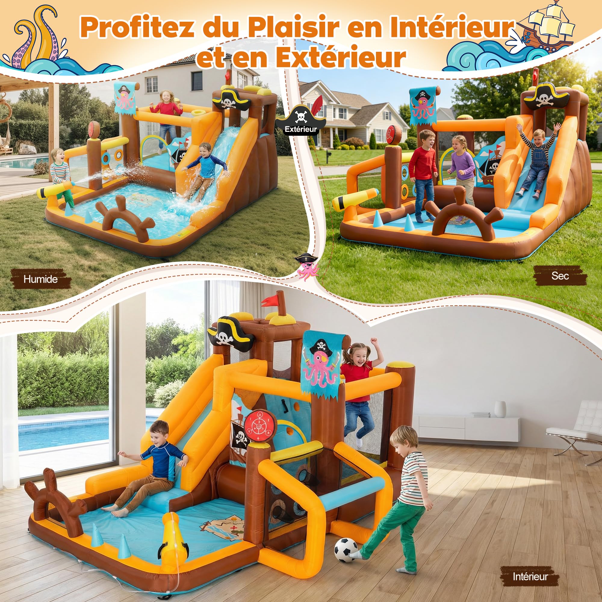 UEV 8 en 1 Château Gonflable pour Enfants XXL, avec Souffleur 450W, Parc Aquatique avec Zone de Saut, Toboggan, Jeu de Cerceaux, Balles Velcro, 394 x 326 x 243 cm