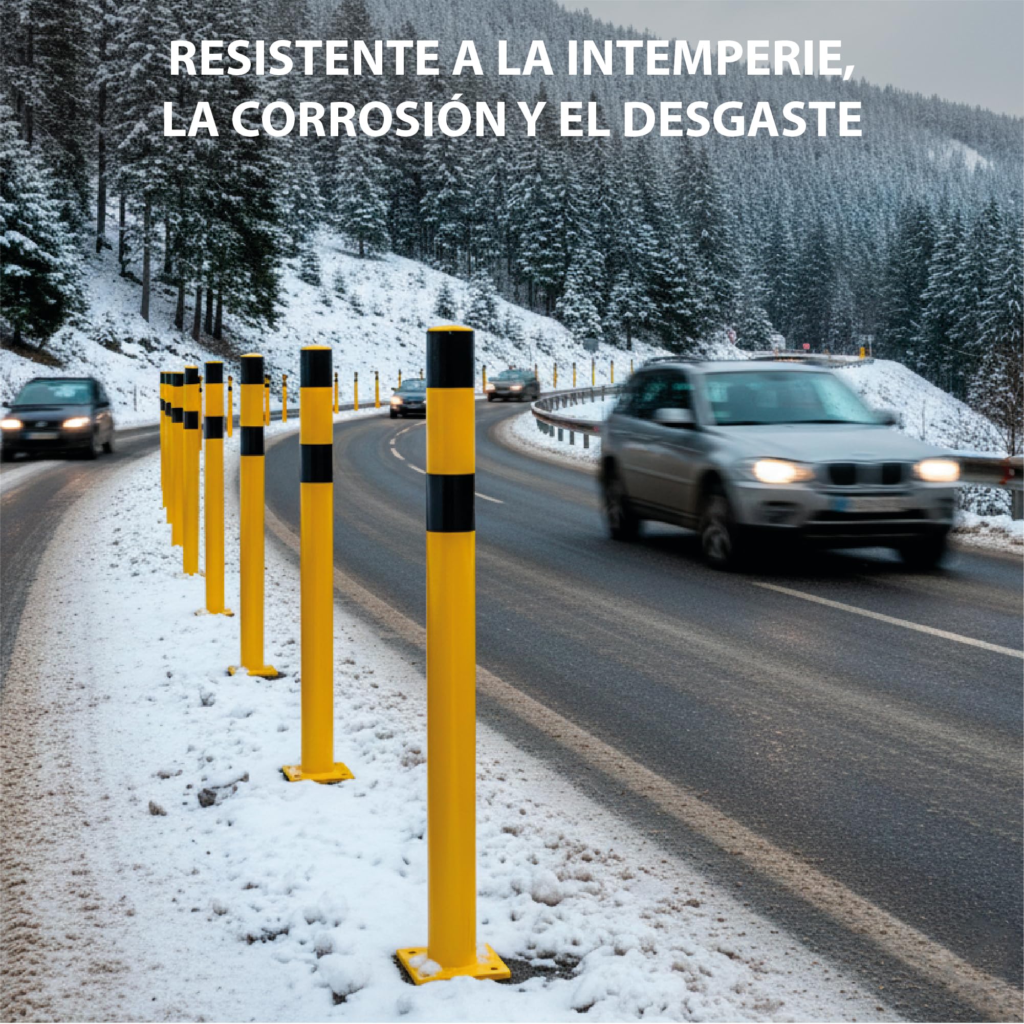 Bolardo Metálico Amarillo con Bandas Negras – Poste de Protección para Parkings, Almacenes y Zonas Industriales – Tope de Seguridad para Vehículos, Áreas de Carga y Control de Accesos (1)