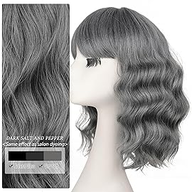 Nnzes Wig Bangs Dark Salt and Pepper Short Wavy Hair for Women Natural Looking Heat Resistant Bob Wigs with Synthetic Wig for Daily Party Use