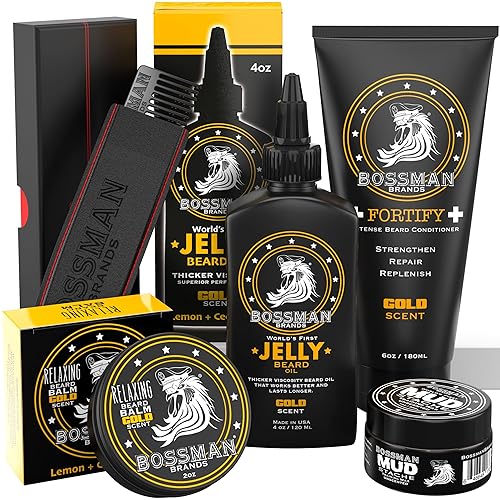 Bossman Kit completo de gelatina de aceite para barba para hombre, acondicionador de ducha fortificante, bálsamo, cera de bigote y peine, suavizante