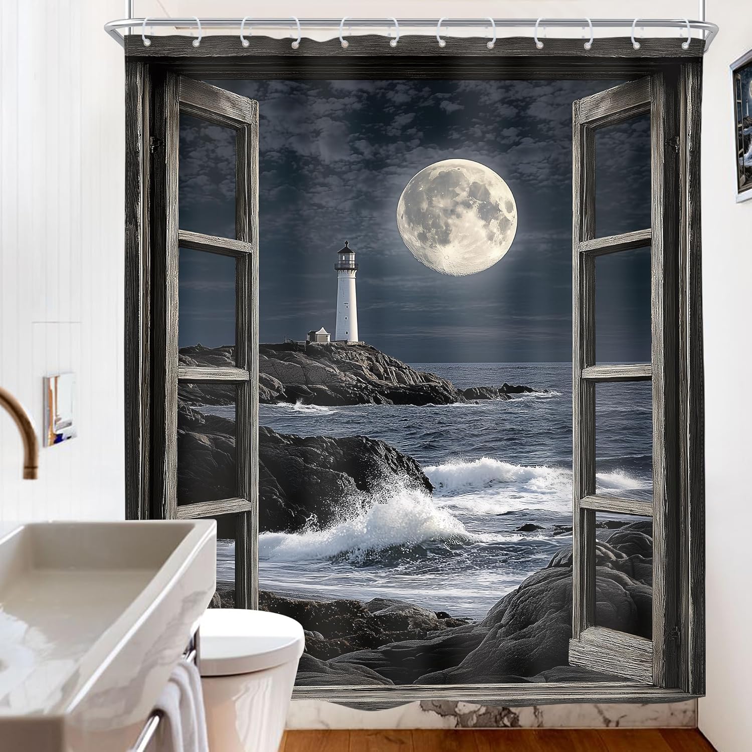 Riyidecor Night Beach Lighthouse Shower Curtain Moon Ocean Sea Night Blue Coastal Seaside Seashore Window Landscape 60Wx72H Inch Fabric Decor Bathroom Polyester Waterproof 12 Pack Hooks