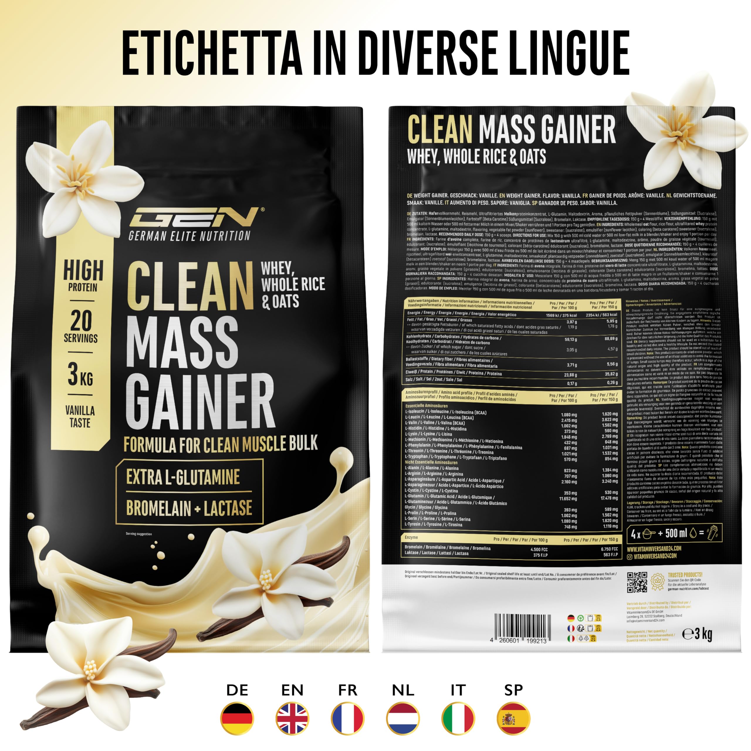 Clean Weight Gainer - 3 kg - Con Carboidrati Complessi e Proteine - Ideale per la Fase di Massa - Polvere per l’Aumento di Massa e di Peso - Vegetariano - Gusto Vanilla