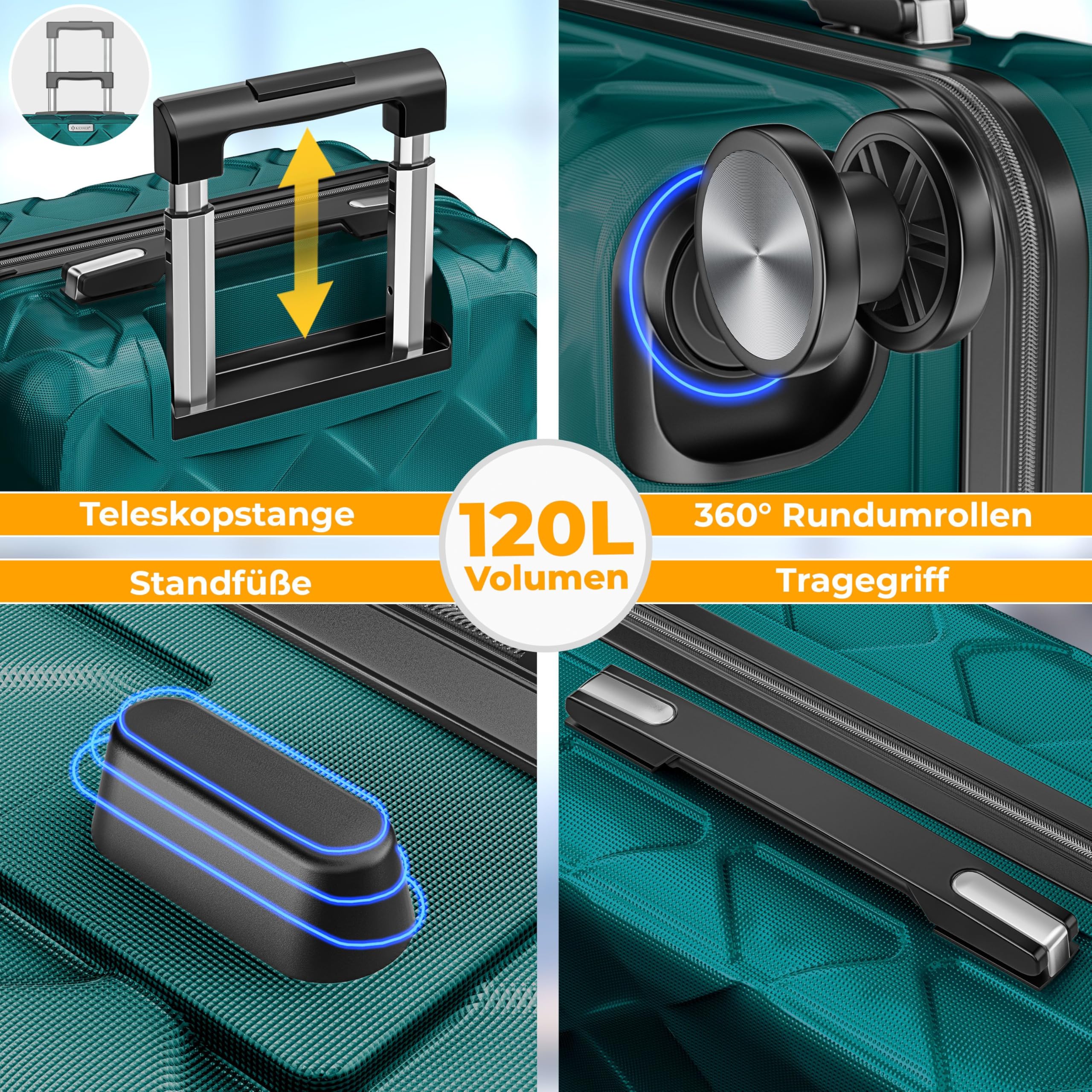 KESSER Valigia da viaggio in ABS rigida con serratura a combinazione, bilancia e portafoglio da viaggio con ruote a 360°, valigetta per business e viaggio, Petrol Teal, 75cm - 120L, Classico