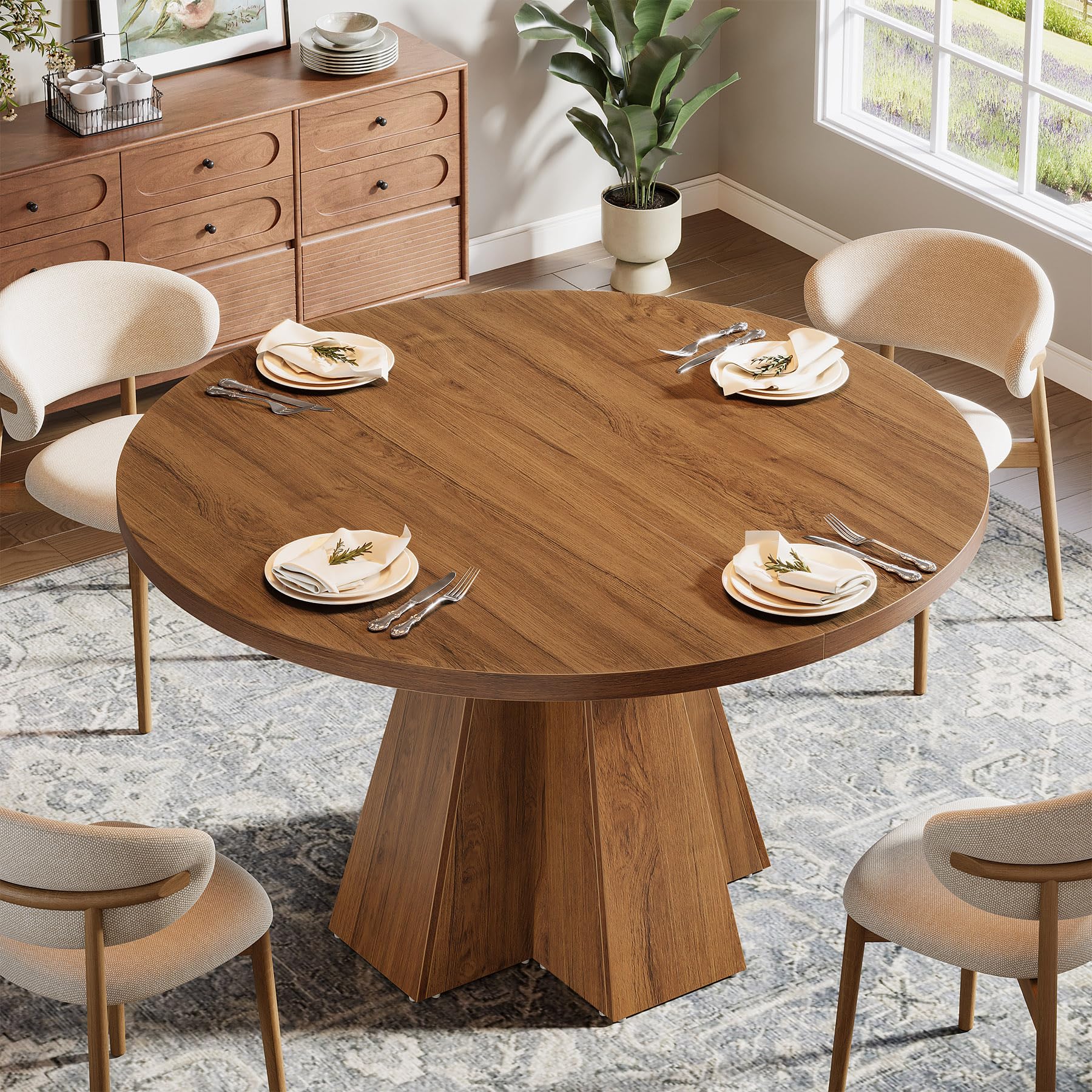 Tribesigns Tavolo da pranzo rotondo per 4 persone, tavolo da cucina rotondo con base a colonna, stile rustico, salvaspazio, sala da pranzo, cucina, soggiorno, marrone noce