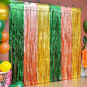 LOLStar Luau Party Decorations, 2 Pack Hawaiian Foil Fringe Curtains Tropical Aloha Photo Booth Props, 3.3x6.6 ft Green Brown and Yellow Tinsel Streamer Backdrop for Pineapple Summer Beach Party Decor