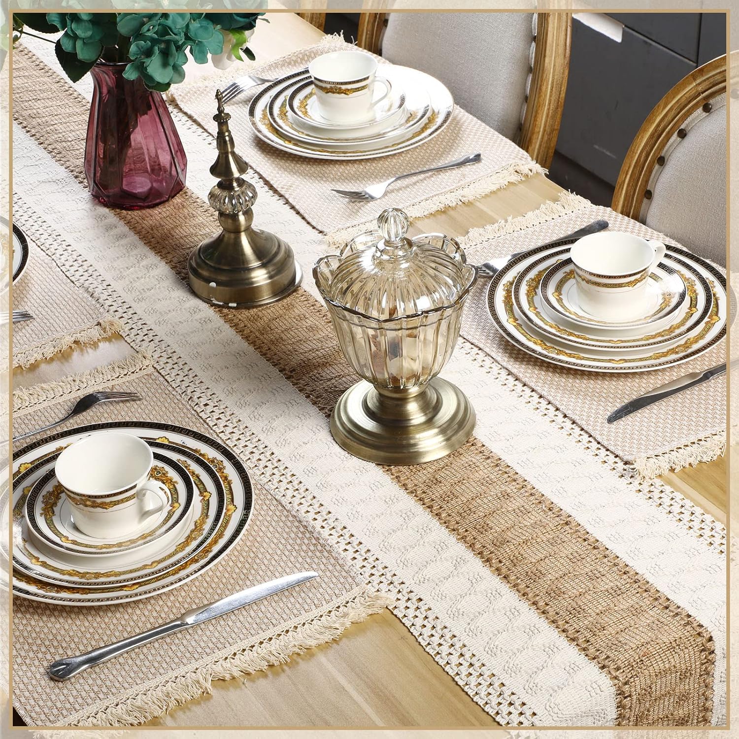 Boho Macrame Table Runner Placemat and Coaster Set of 13, Rustic Table Runner with Tassel Absorbent Boho Placemat Natrual Burlap Farmhouse Coaster for Drink Bohemian Dining Kitchen Desk Decor (Retro)