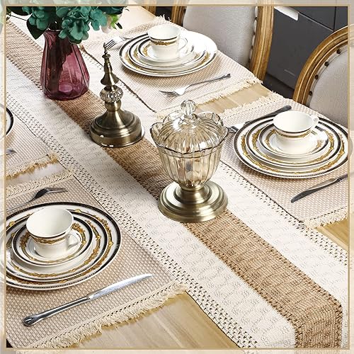 Miniatura 6 de Juego de 13 manteles individuales y posavasos de macramé bohemio, camino de mesa rústico con borlas absorbentes, manteles individuales de arpillera