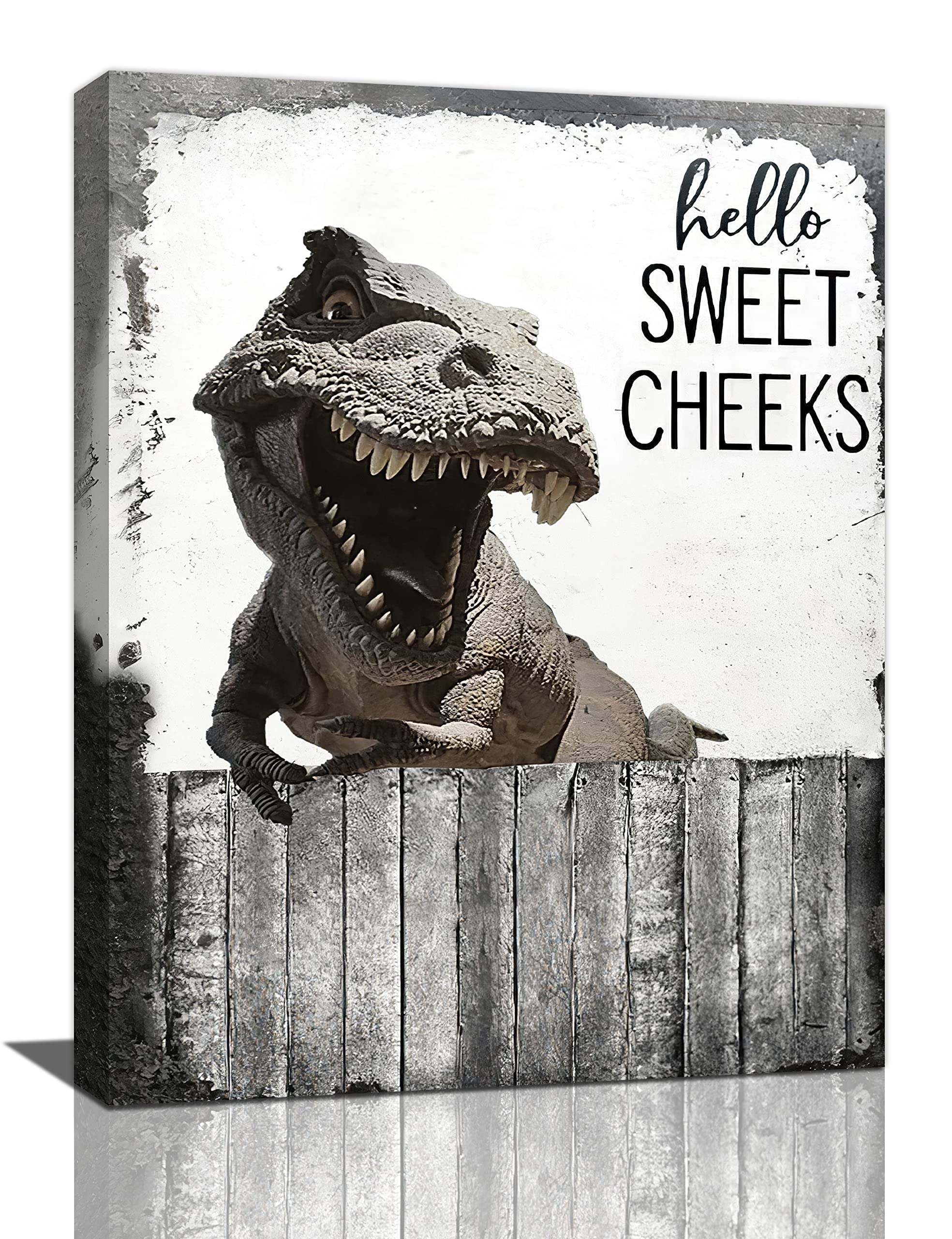 Rustic Farmhouse Dinosaur Bathroom Wall Art - Black & White Canvas Painting - 12"x16" Framed