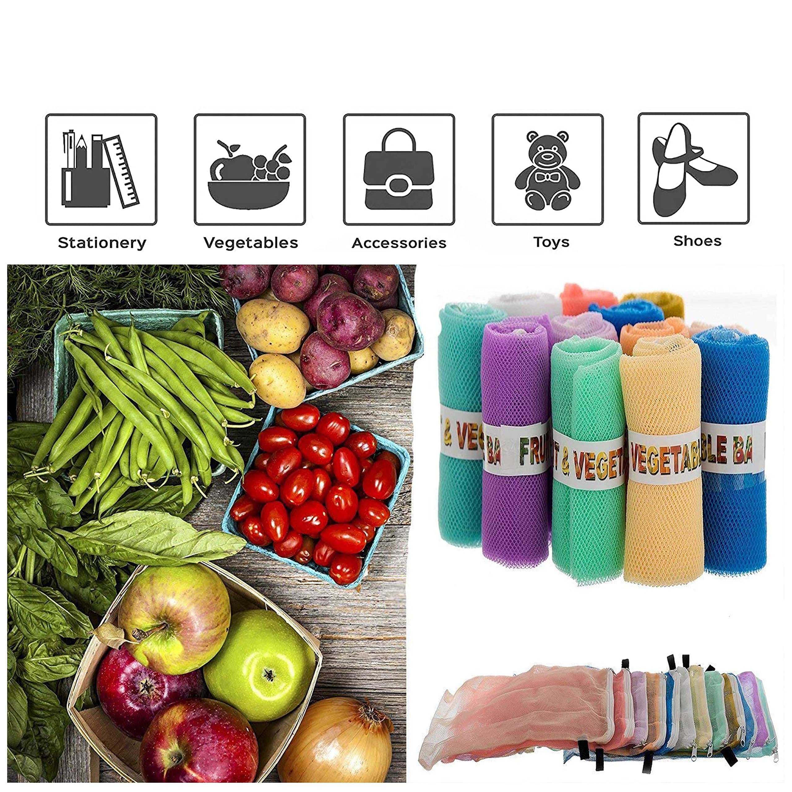 SIO Eco-Friendly Reusable Produce Storage Bags (Pack of 6) – Mesh Vegetable & Fruit Fridge Bags with Zipper | Multipurpose Grocery Storage Bags 2