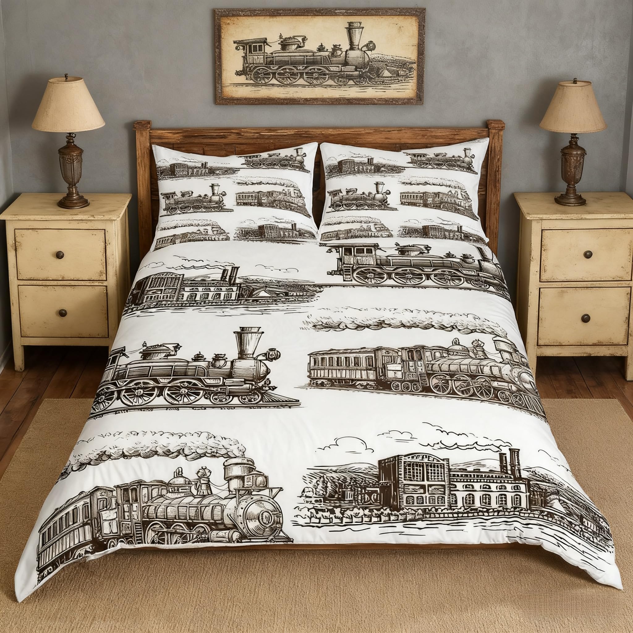 Manfei Train Duvet Cover Set Double Size, Retro Steam Locomotive Train Bedding Set 3pcs for Kids Boys Adults Bedroom Decor, Vintage Style Comforter Cover Soft Polyester Quilt Cover with 2 Pillowcases โ image 1