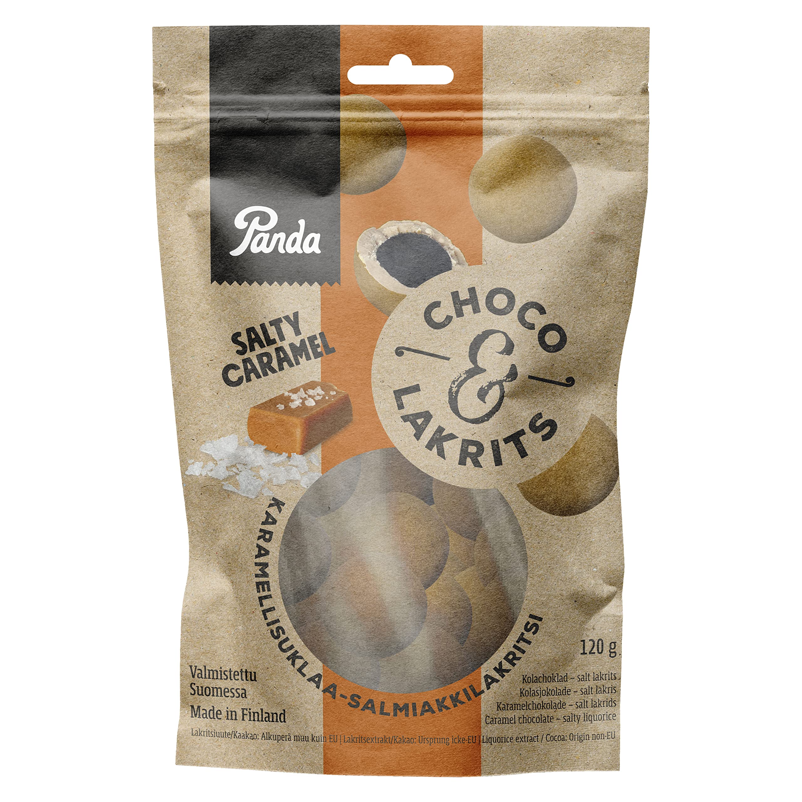 Panda® | Schoko & Lakritz Salziges Karamell | Salziges Lakritz und Milchschokolade mit Karamellpulver überzogen | Rainforest Alliance Schokoladensüßigkeiten | 120 g x 14 Beutel