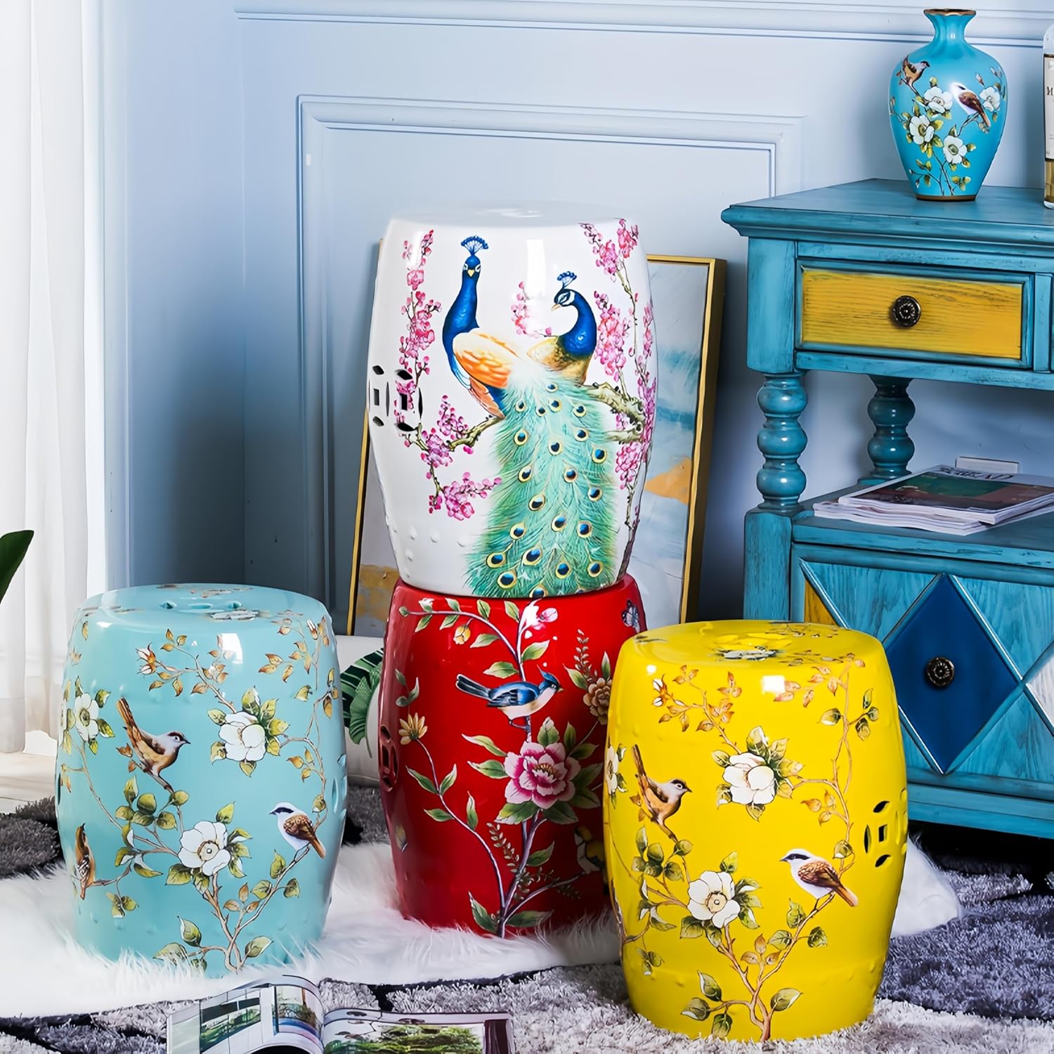 Decorative Ceramic Garden Stool, Glazed Hollow Flower and Bird Paintings Stool, Suitable for Living Room, Patio, Garden, Balcony (Light Blue)