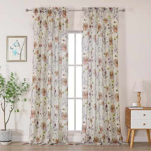 OWENIE - Juego de 2 paneles de cortinas traslúcidas extralargas con estampado floral, para sala de estar, dormitorio, con jareta para cortinero,