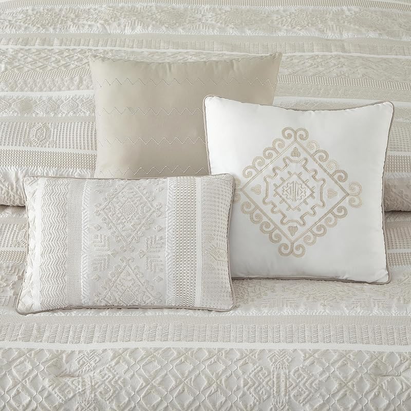 LANCO MODERN LIFESTYLE 7 Piece King Comforter Set, Beige, Elegant Jacquard with Patchwork, Stylish and Cozy Bedding Collection, Premium Bedding Set with Bedskirt, Shams and Pillows image 5
