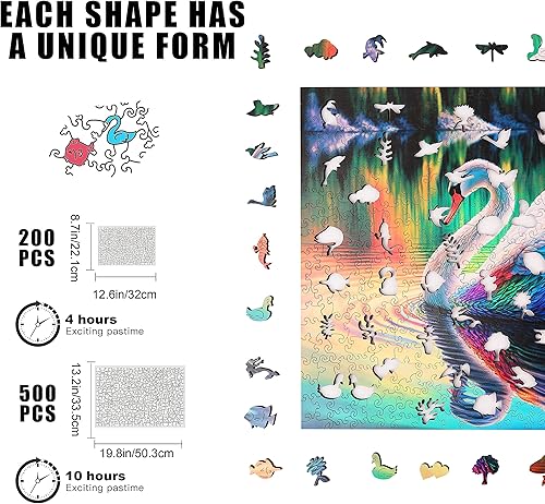 Miniatura 3 de Rompecabezas de madera únicos, diseño de cisne de lago, 200 piezas de tamaño mediano de 8.7 x 12.6 pulgadas, lujoso rompecabezas de madera con forma