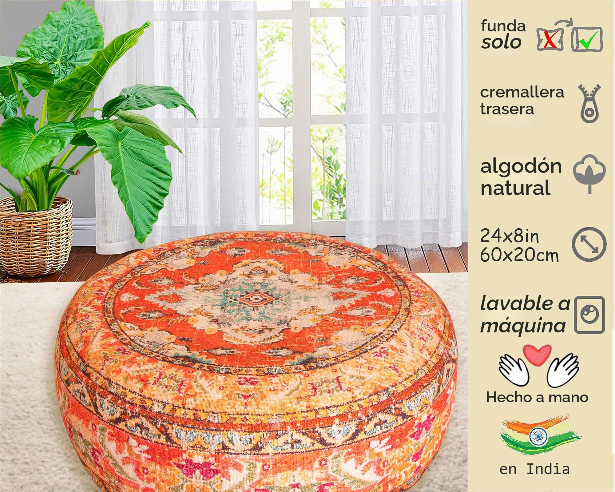 Mandala Life ART Funda de cojín de Piso Bohemian Rug - Redonda 60x20 cm - Puf de decoración de habitación Artesanal de Lujo para meditación, Yoga y Boho Chic Funda de Almohada de Piso para Asientos