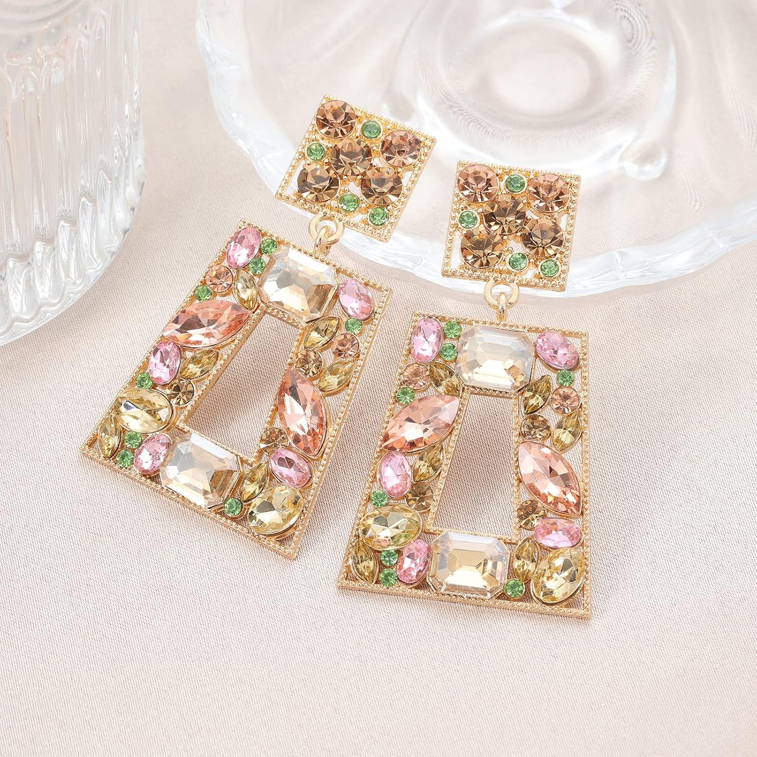 VANGETIMI Rhinestone Rectangle Statement Earrings Colorful Crystal Geometric Drop Dangle Earrings for Women Prom Party - Image 7