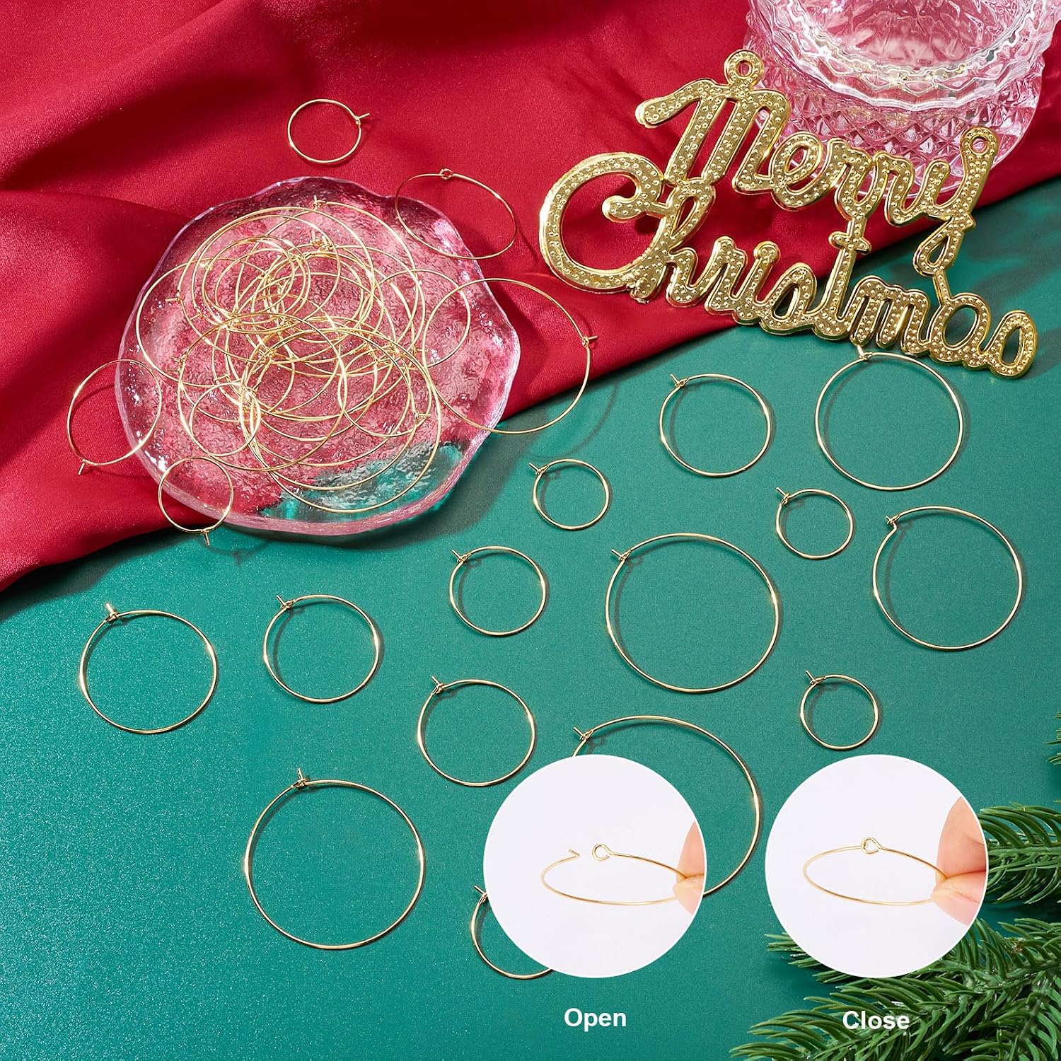 Pandahall 56Pcs Wine Glass Charm Rings 18K Gold Plated Round Hoop Earrings 7 Sizes Stainless Steel Round Hoop Earrings Findings Open Earring Hoops for DIY Jewelry Craft Christmas Party Supplies image 2