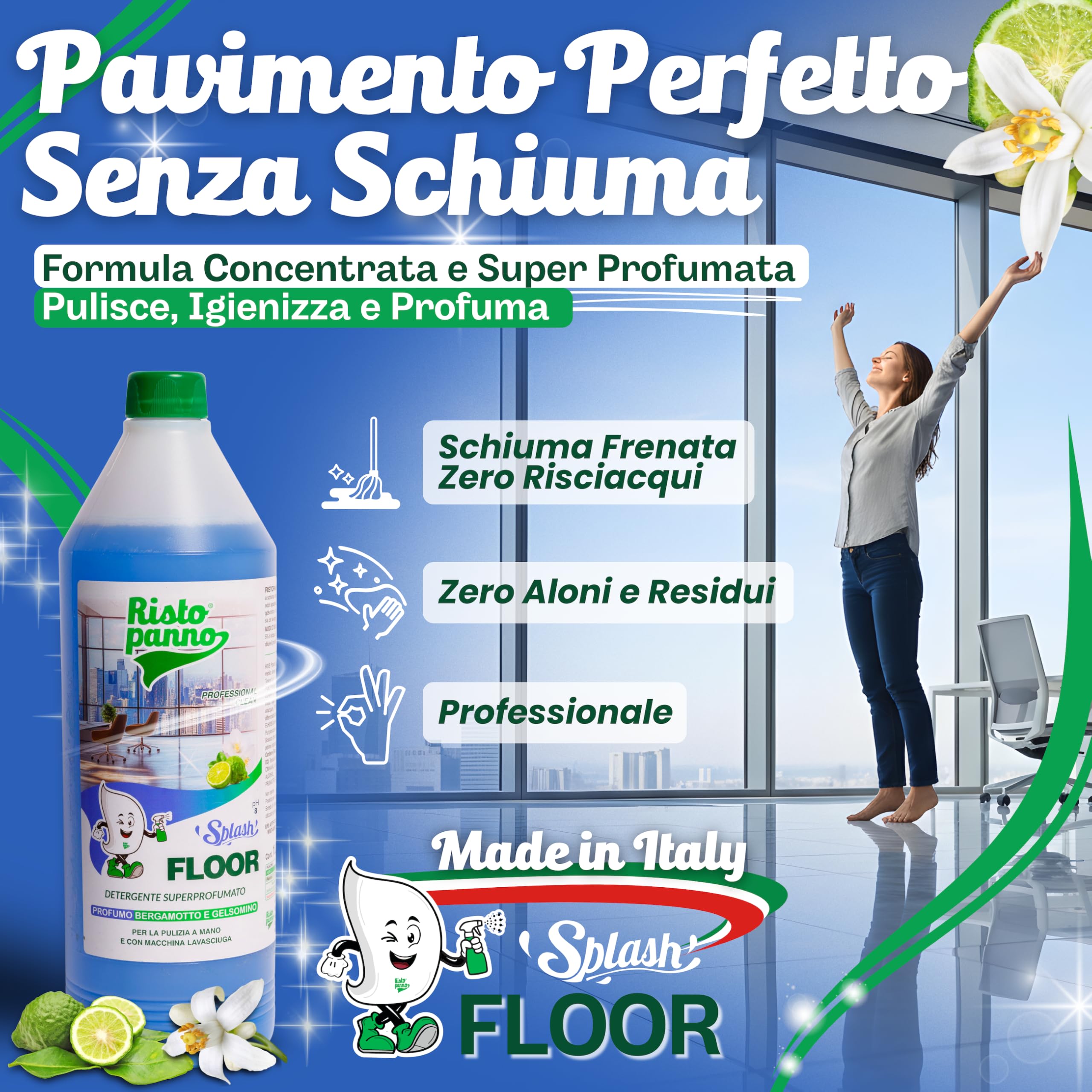 3PZ x 1L Lavapavimenti Professionale Super Profumato | Senza Risciacquo - Bergamotto e Gelsomino - Detergente Pavimenti Manuale o Macchina - Prodotti Pulizia SPLASH FLOOR