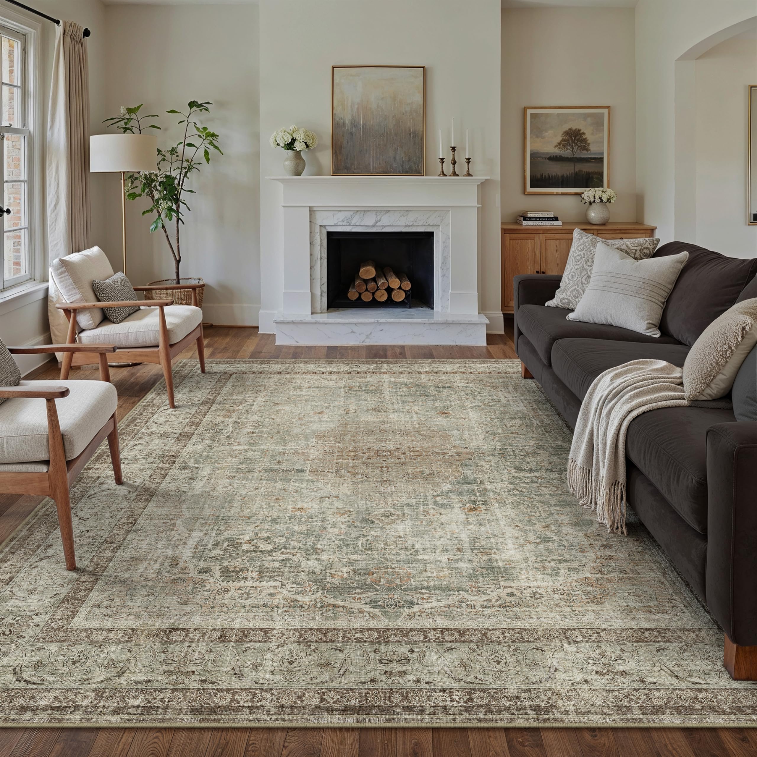 PureCozy Teppich Wohnzimmer 200x300cm Waschbarer Vintage Braun Wohnzimmerteppich kurzflor rutschfest Weich Groß Retro Carpet für Schlafzimmer Esszimmer Bedroom Büro Living Room