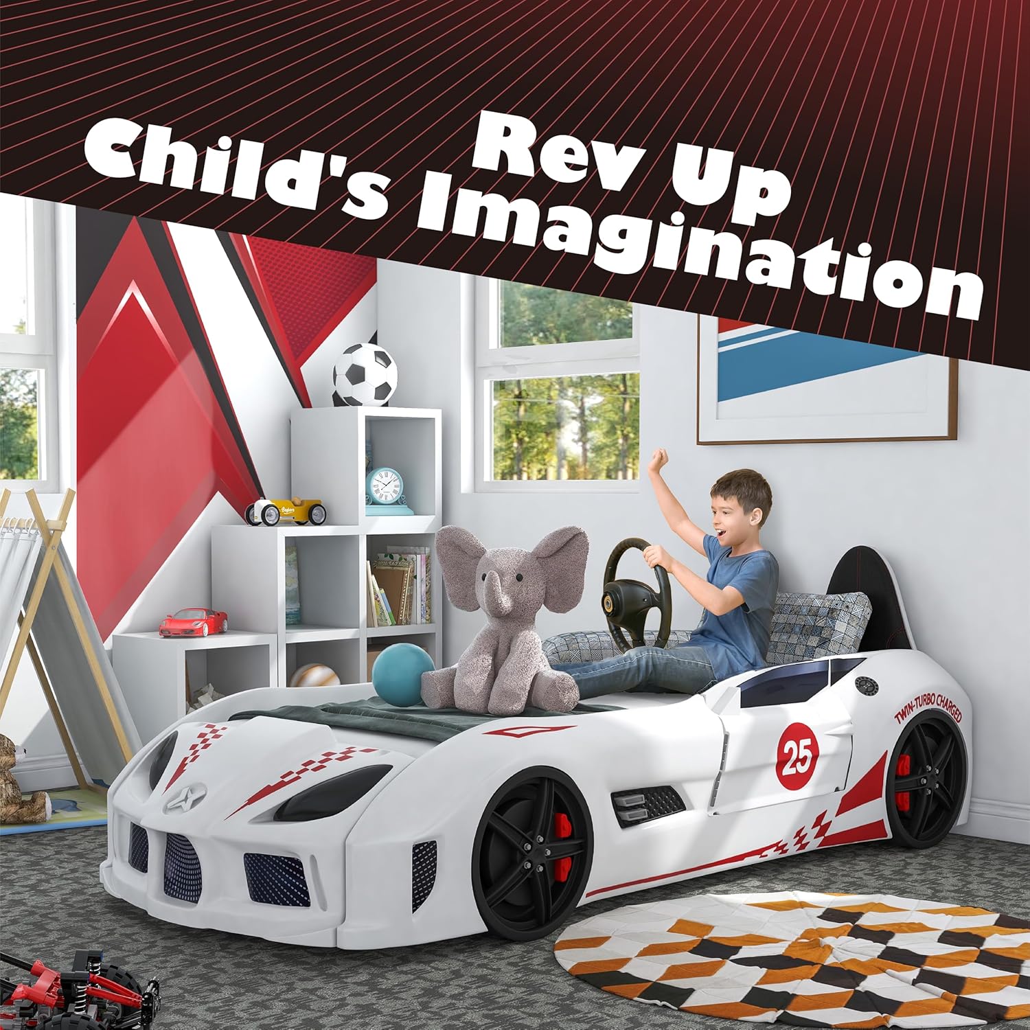 Furniture of America Velocity Twin Kids Race Car Bed for Boys & Girls Floorbed Frame, Remote Control Led Lights with 4 Sound Effects, No Box Spring Required, Upholstered Headboard, Black