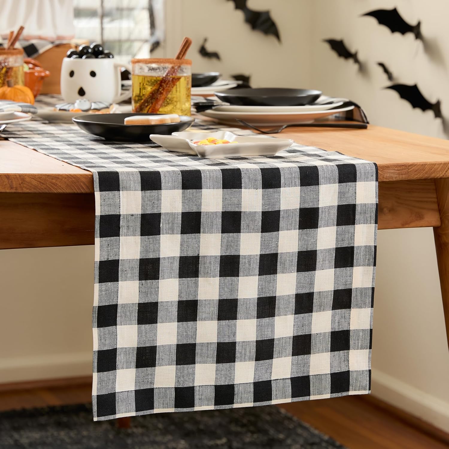 solino home pure linen morgan check table runner 14 x 36 inch – black and cream plaid accent for coffee tabletop, dresser, bedroom, and easter, holiday decor black & cream 14 x 36 inch
