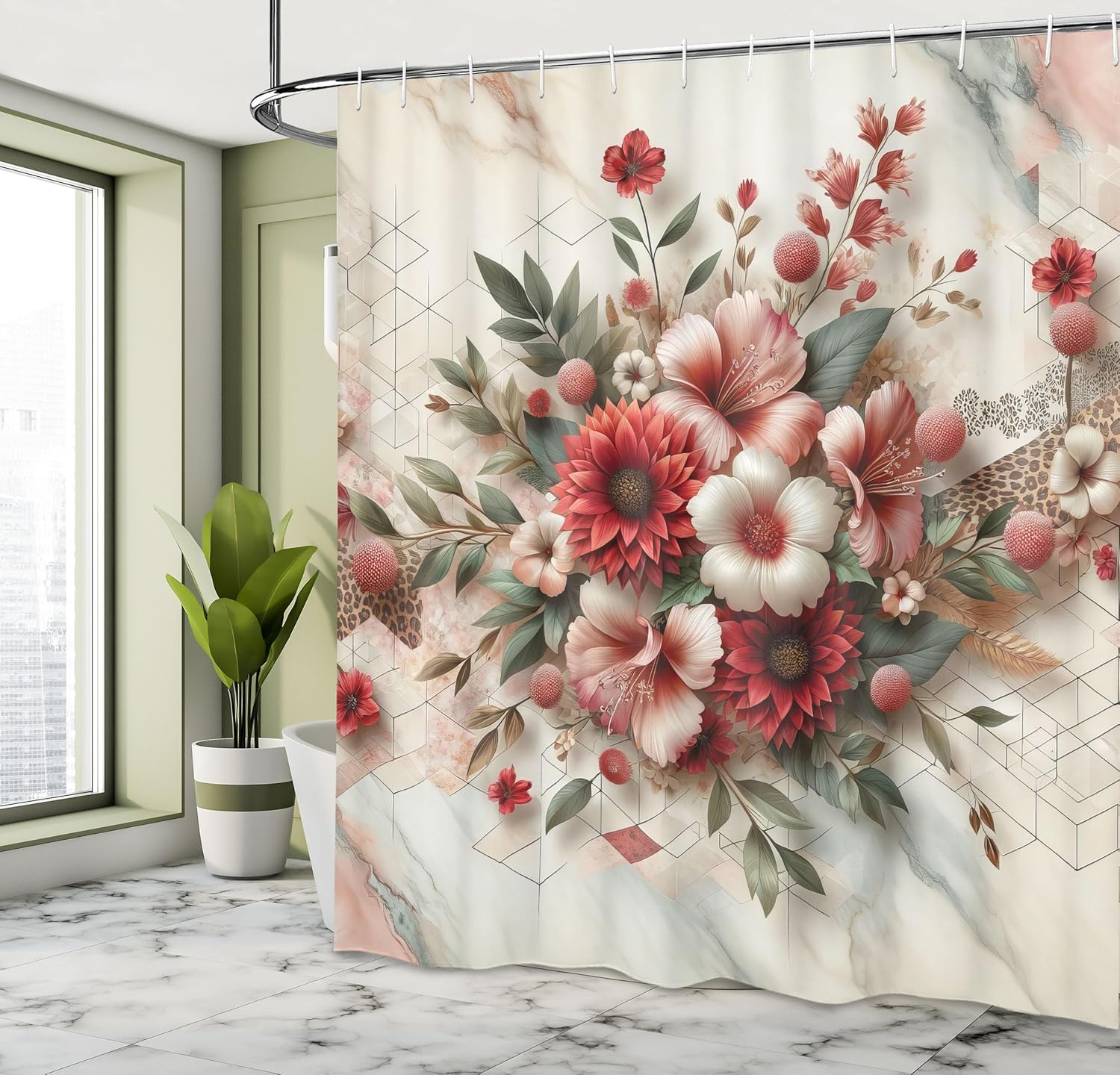 Ambesonne Flowers Shower Curtain, Tender Floral Bouquet Blush Color Palette Flowers on Marble Print, Cloth Fabric Bathroom Decor Set with Hooks, 69" W x 84" L, Pale Ruby and Laurel Green