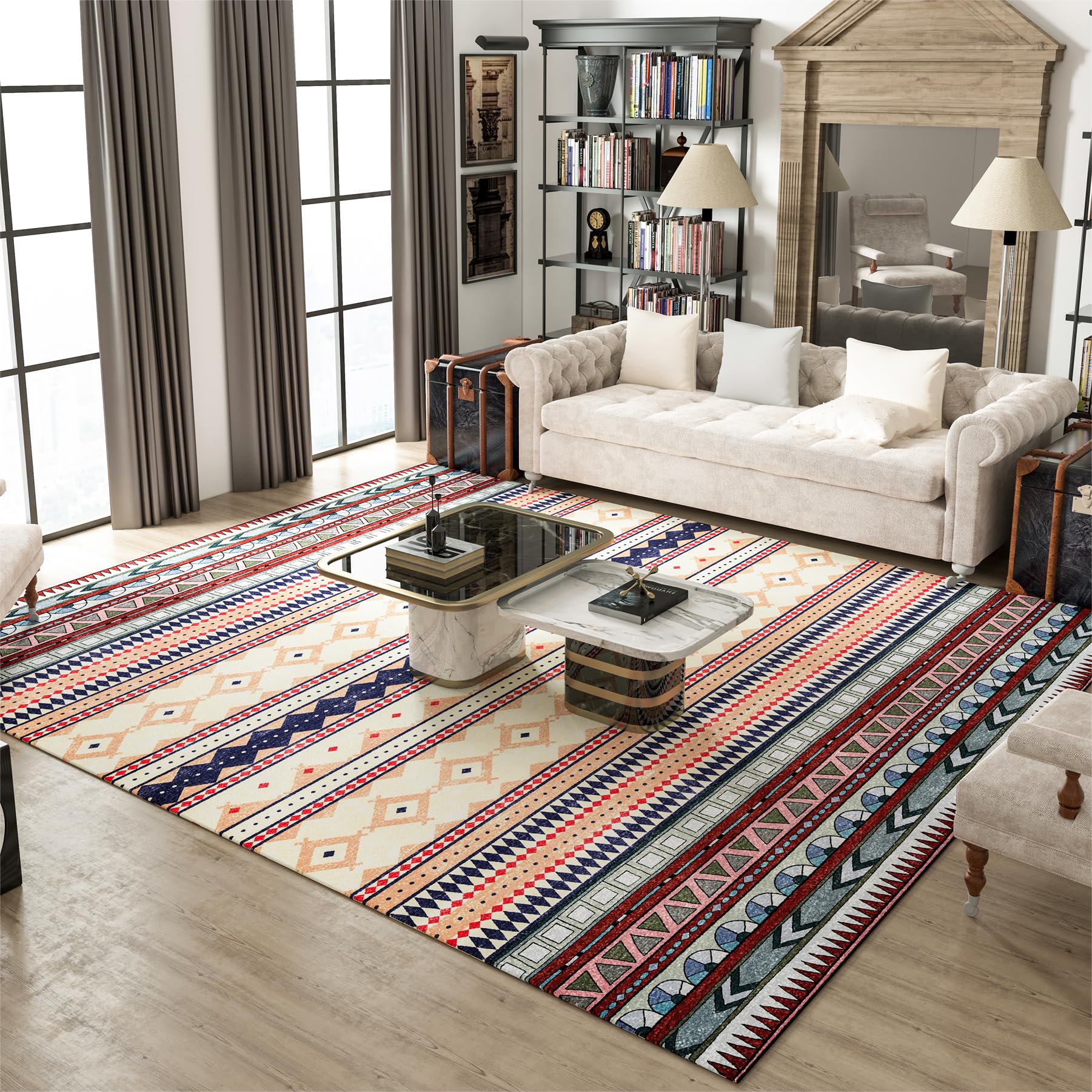 Washable Area Rug, 4x6 Area Rug for Living Room, Soft Area Rug for Bedroom, Modern Design, Stain Resistant Rugs, TPR Anti-Slip Backing, Non Shedding, Geometric Area Rug