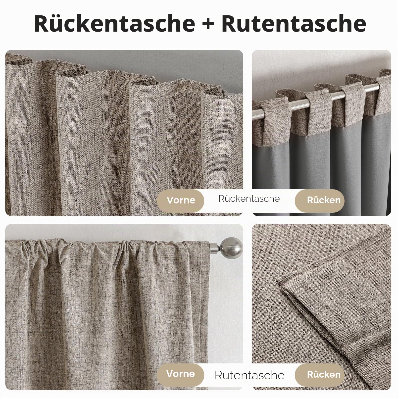 Joydeco 100% Verdunkelungsvorhänge aus Leinen, 2 Paneele, Thermovorhang für Schlaf- & Wohnzimmer, Blickdicht, mit Rückenschlaufen & Stangentasche (132 cm B x 244 cm L, Leinen)