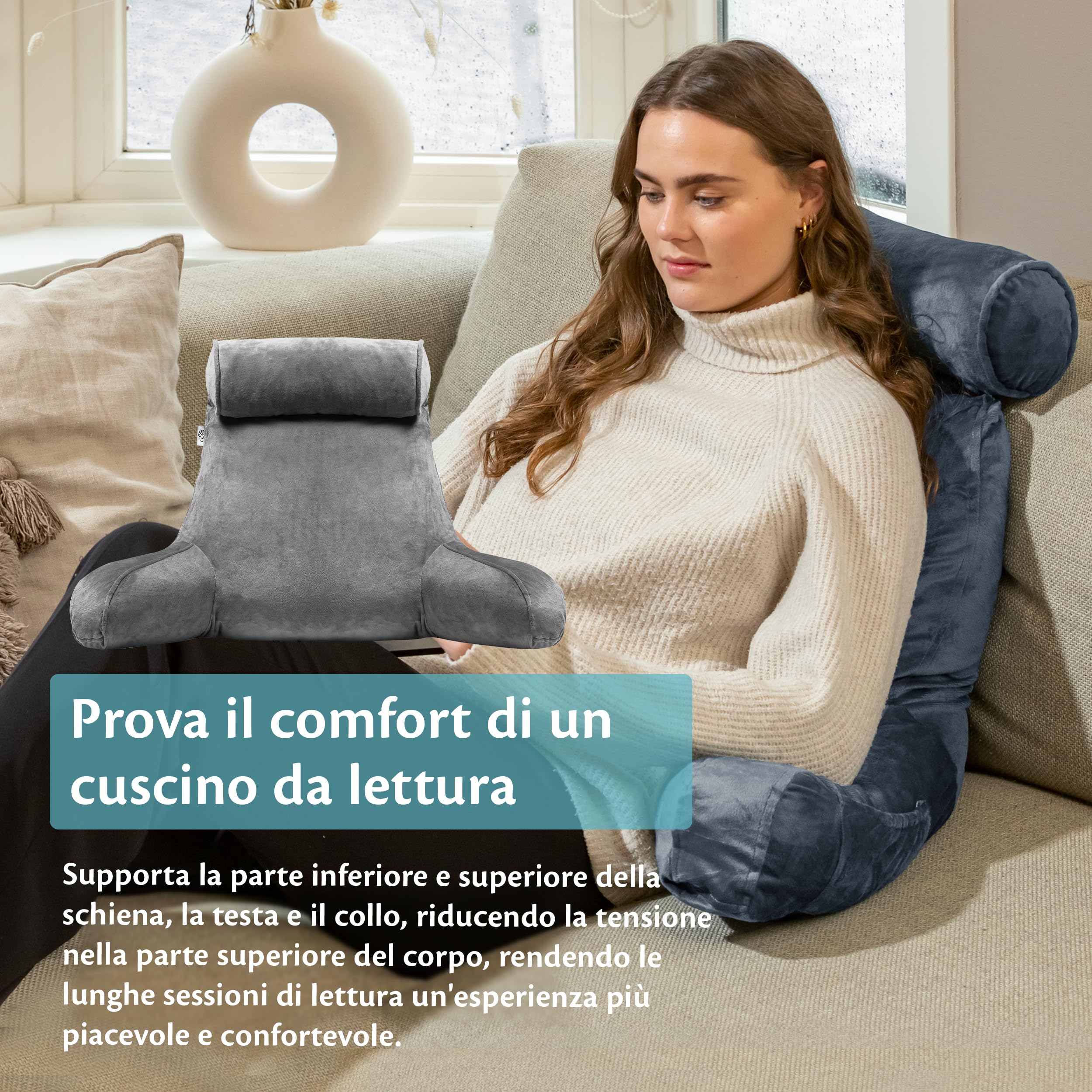 Ella Cuscino da Lettura per Letto con braccioli e paranuca rimovibile, Cuscino Lettura morbido e confortevole per leggere, guardare la TV, supporto per la schiena Schienale Letto - Grigio