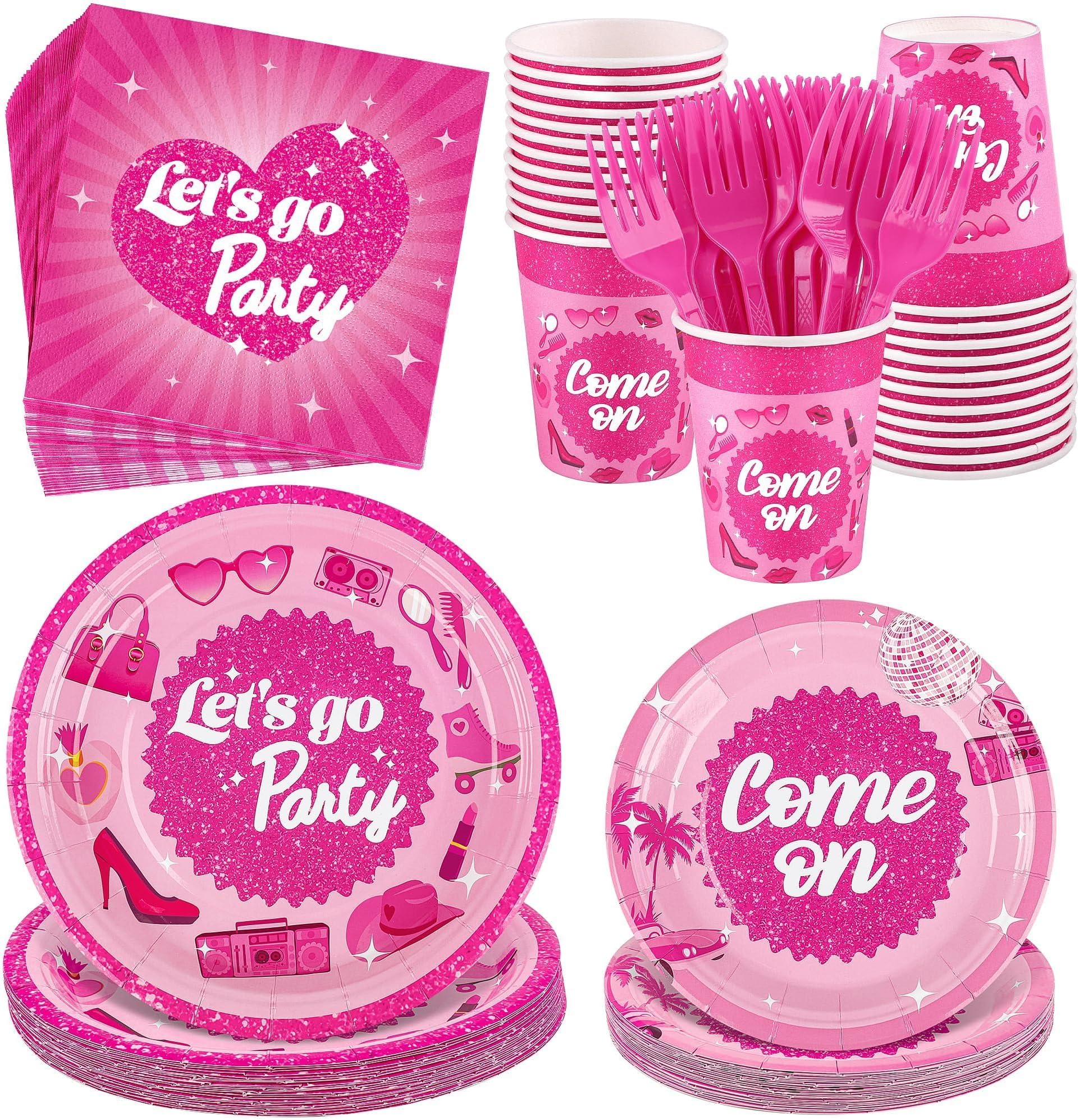 Kochorie 144 Pieces Let's Go Party Tableware Sets Including Disposable Plates Napkins Cups Forks Serves 24 for Birthday Disco Pink Girl Party Supplies