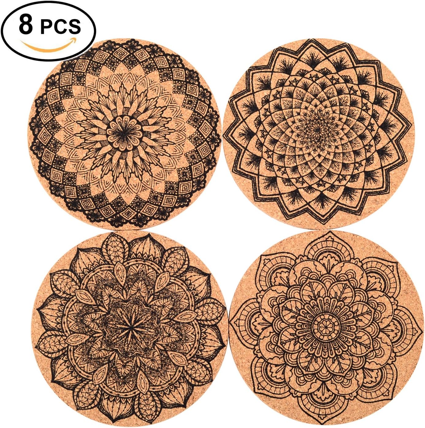Cork Coasters For Drinks Absorbent and Reusable - 4 Inches Perfect for Most Kind of Glasses - 1/5" Thick Mandala Style- Save Your Furniture Surface From A Liquid Ring - Set of 8