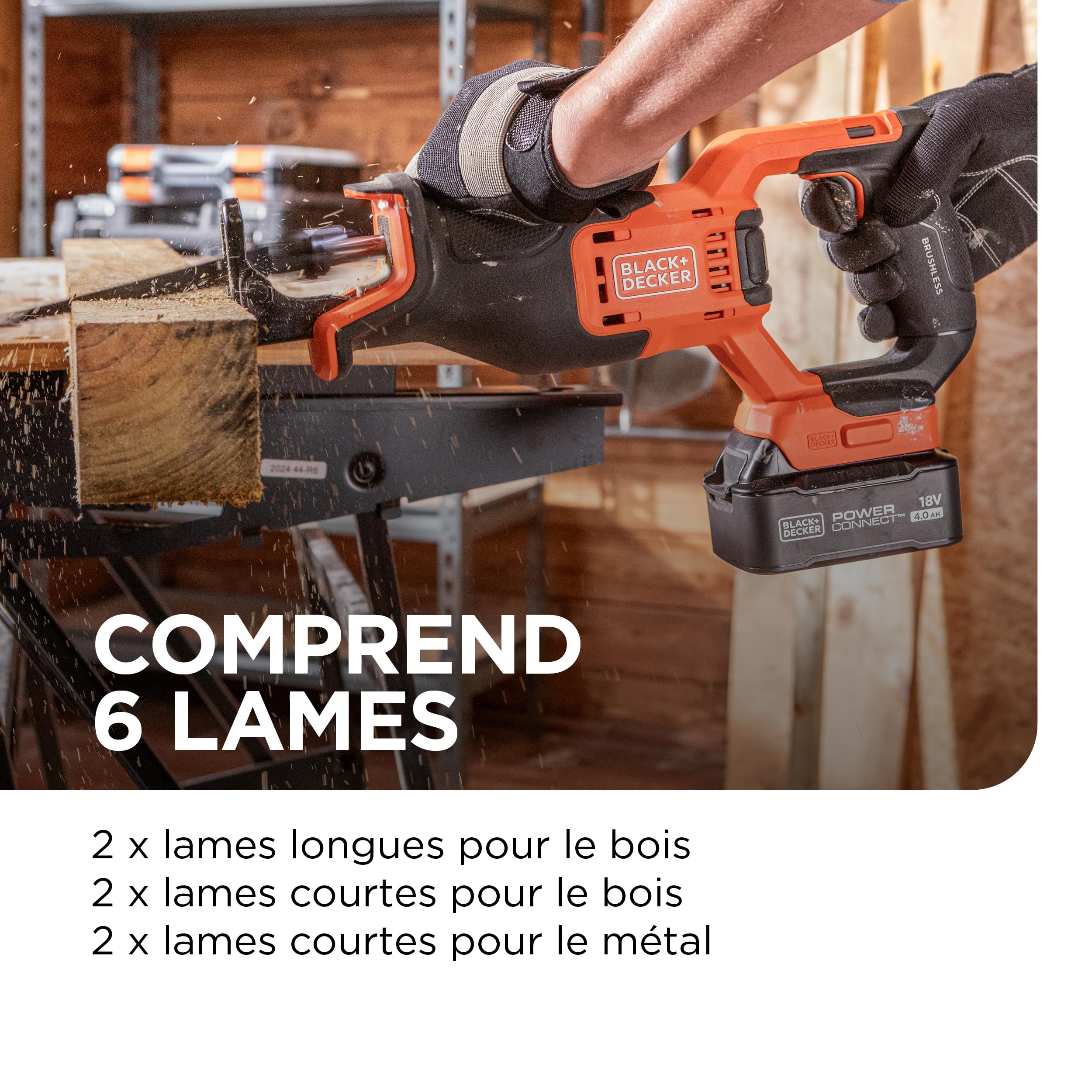 BLACK+DECKER Scie sabre sans fil Brushless avec éclairage LED et 6 lames incluses, outil seul sans batterie, BLCR78NAZ-XJ
