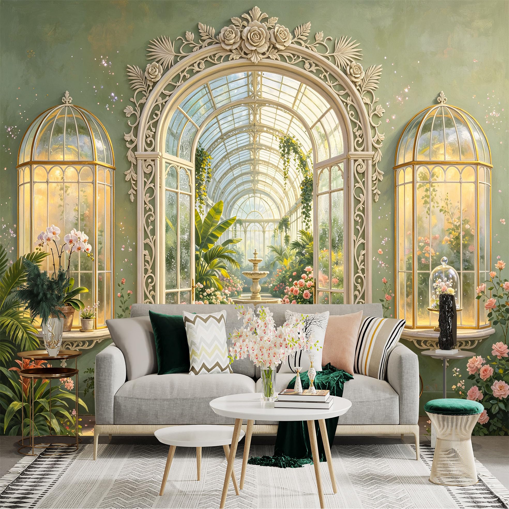 Lnzczhyre Bh260719578 Custom Size Wall Sticker Mural， Elegant Victorian Greenhouse， Blooming Flowers And Fountain， Sunny Conservatory View， For Wall Decoration， Peelandstick Wall Decals.