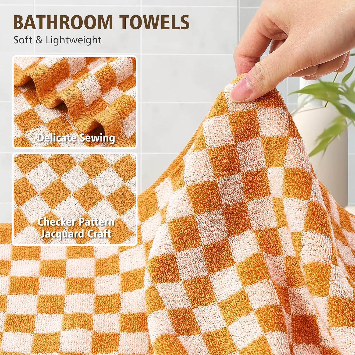 HEAVYWOOD Bathroom Hand Towel Set of 2 Checkered Cotton Face Towel 14X30 Absorbent Soft Face Kitchen Towel Decorative Set Bathroom Decor (Orange, 2Packs)