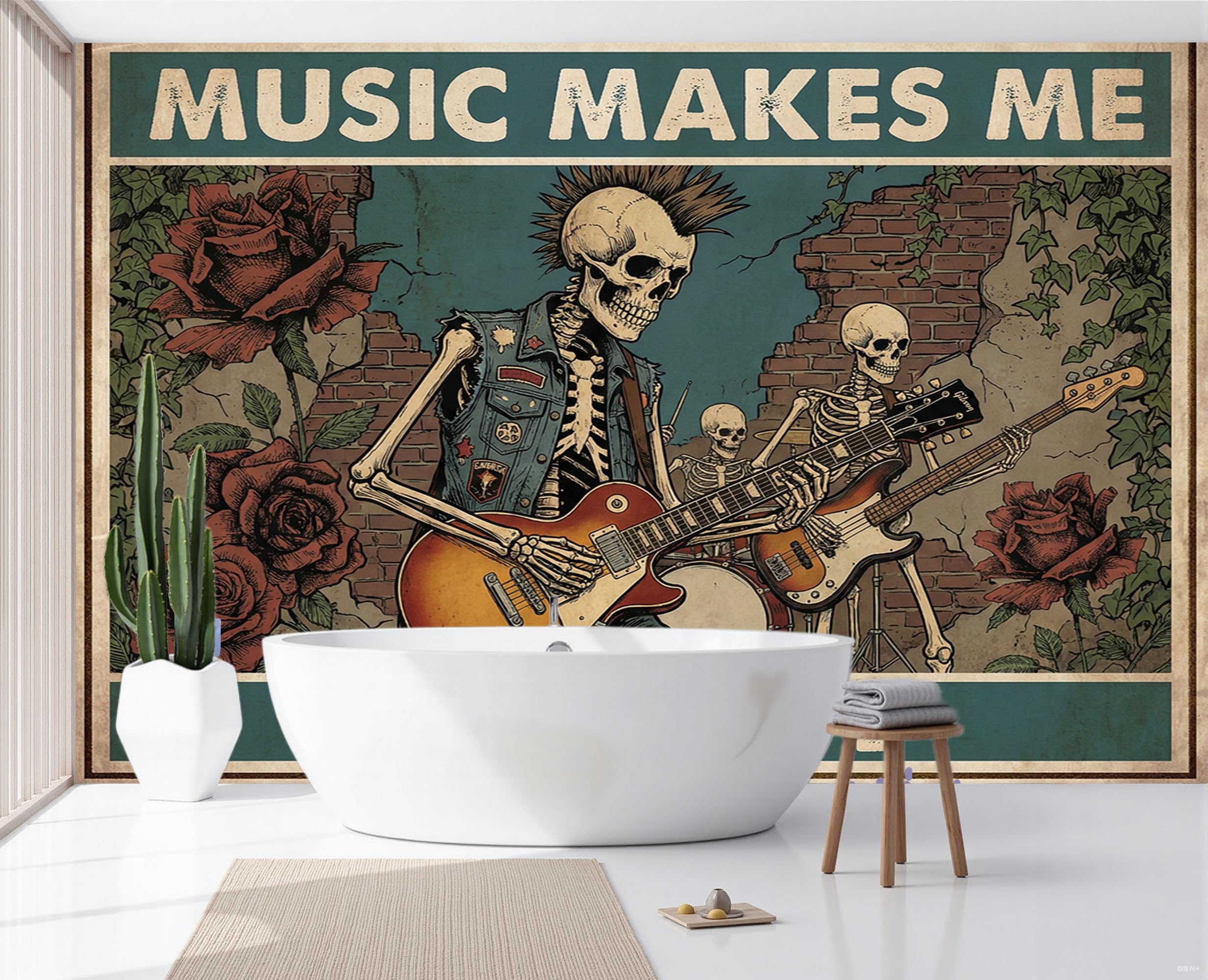 Carta Da Parati Fotomurale 250X175Cm Rock Skull Band Poster Punk Retrò Carta Da Parati Panoramica 3D Seta, Marrone Decorazione Da Muro Poster Soggiorno Camera De Letto Ufficio