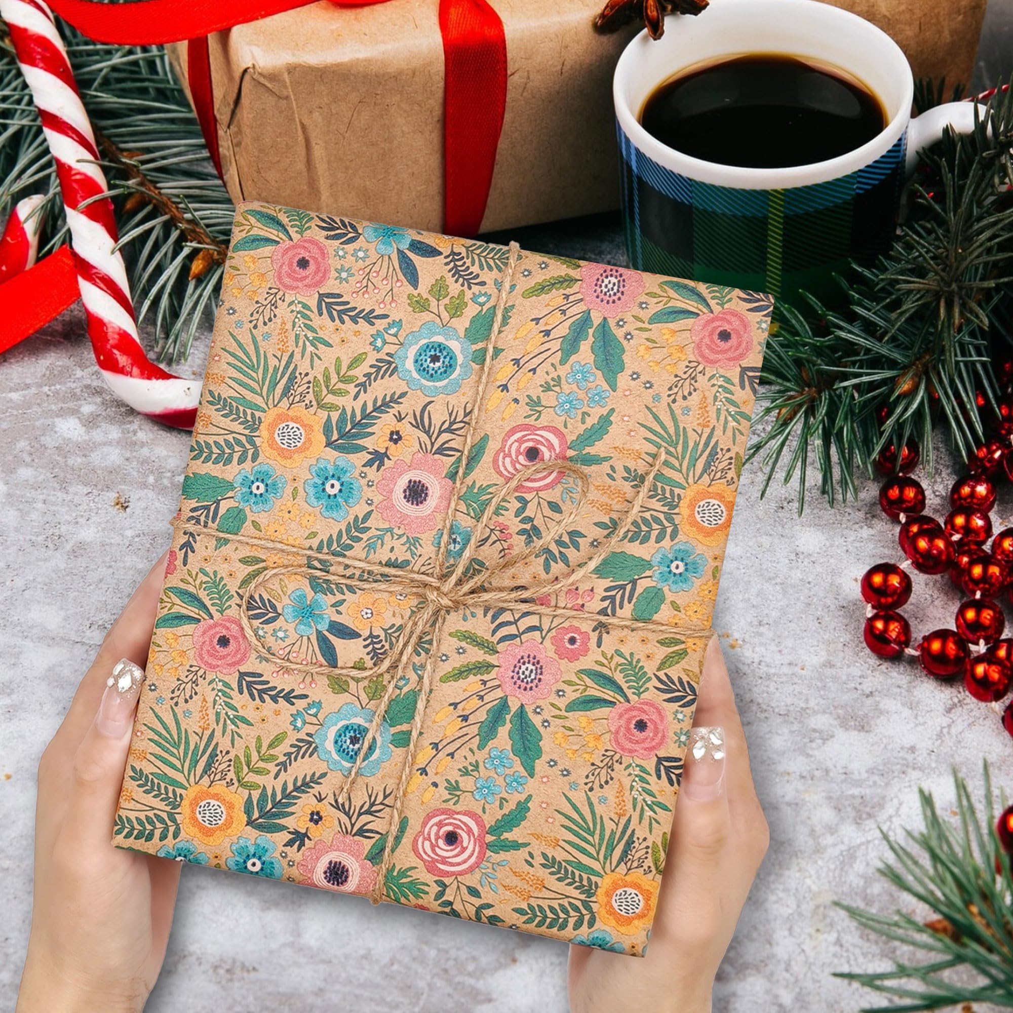VCOOHM Rotolo di carta da regalo in carta kraft, 43 cm x 5 m, elegante design floreale da giardino, per compleanni, matrimoni, baby shower, addio al nubilato e molto altro ancora