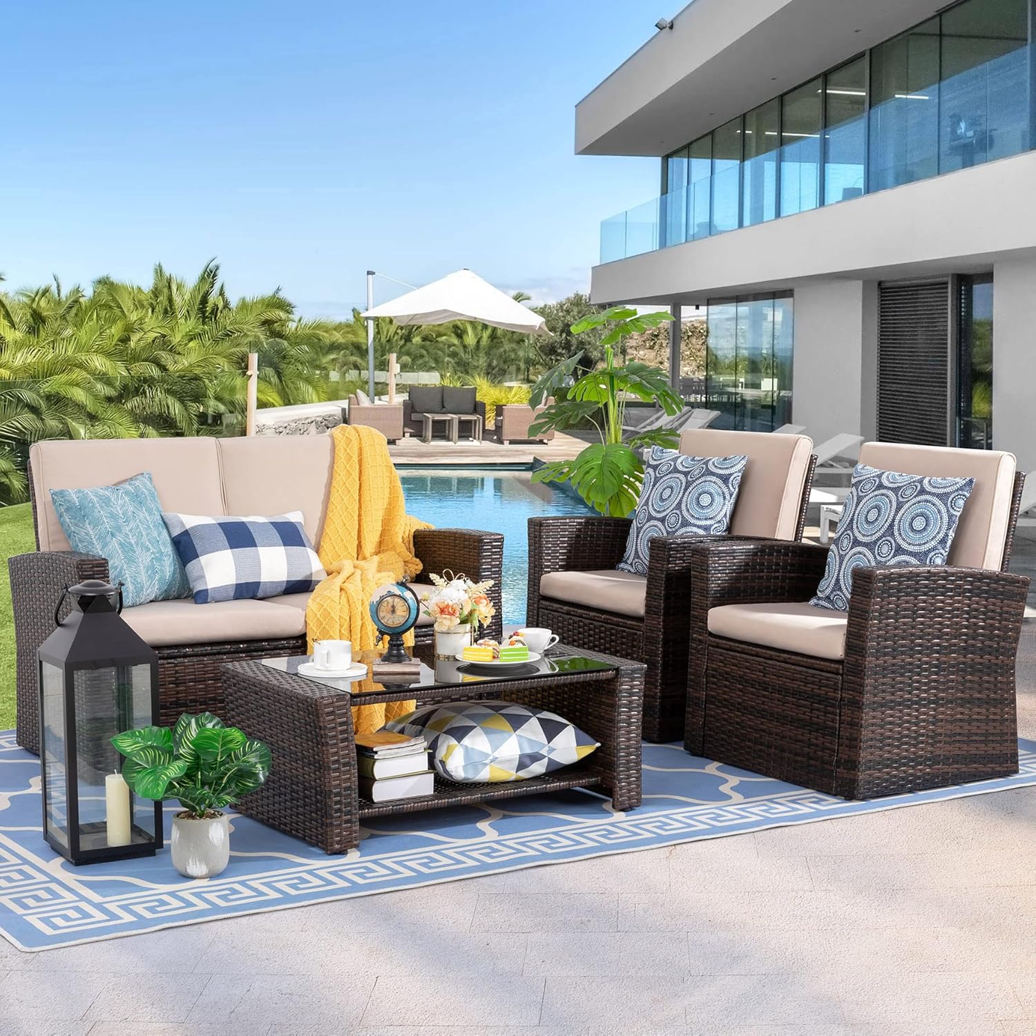 Shintenchi Outdoor Patio Furniture 4 Piece Set, Wicker
