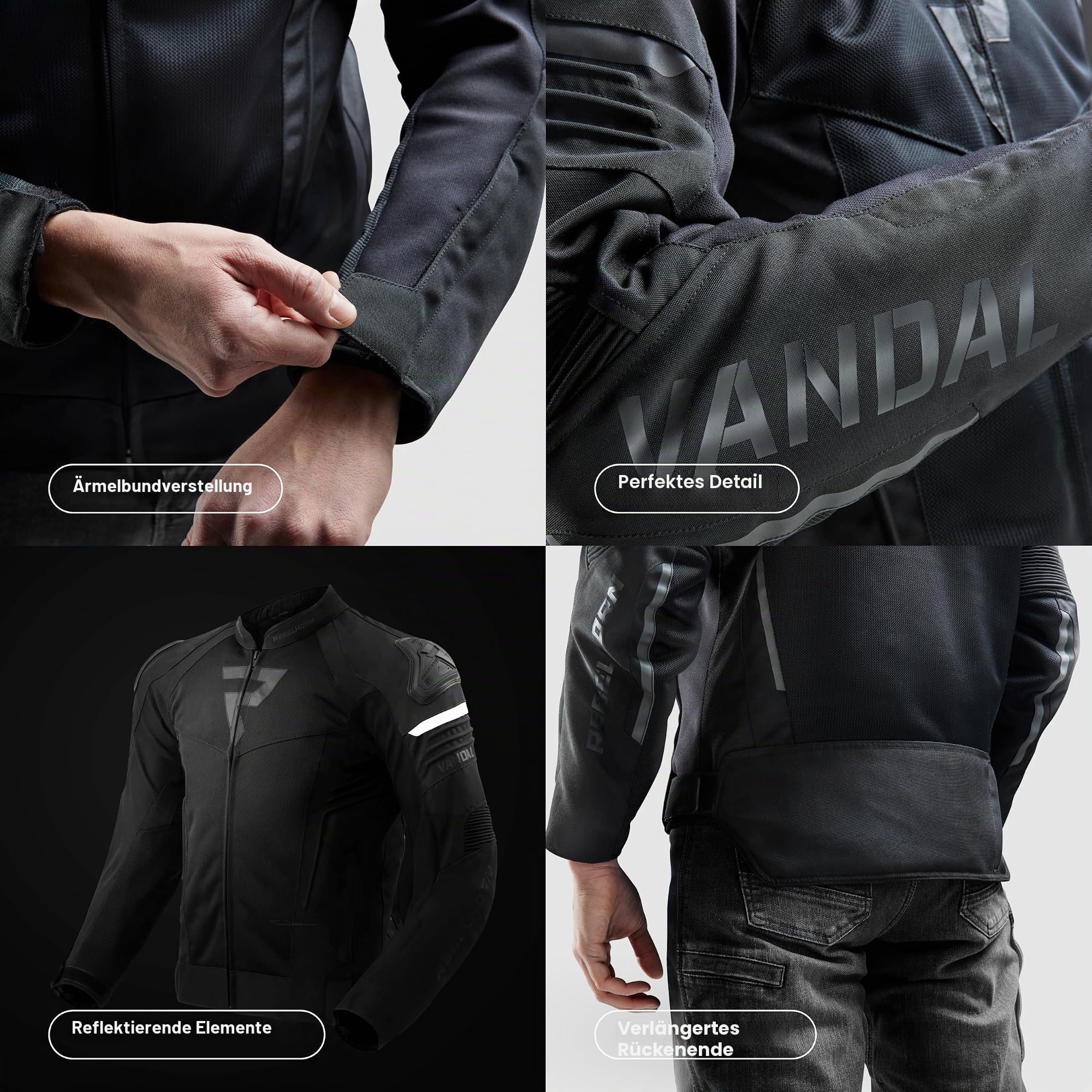 REBELHORN Vandal Mesh Motorradjacke Herren | Textil | Ellbogen und Schulterprotektoren Stufe 2 | Austauschbar Schulterschieber | Große Mesh Belüftungspaneele | Größen bis 10XL