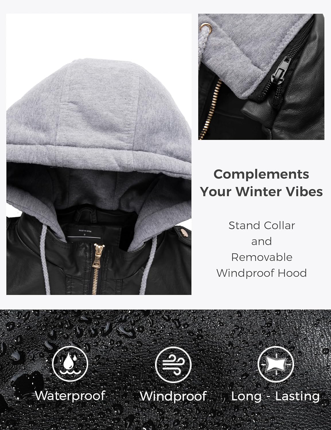 wantdo Women's Lightweight Leather Jacket Casual Motorcycle PU Biker Coat with Removable Hood - Image 5