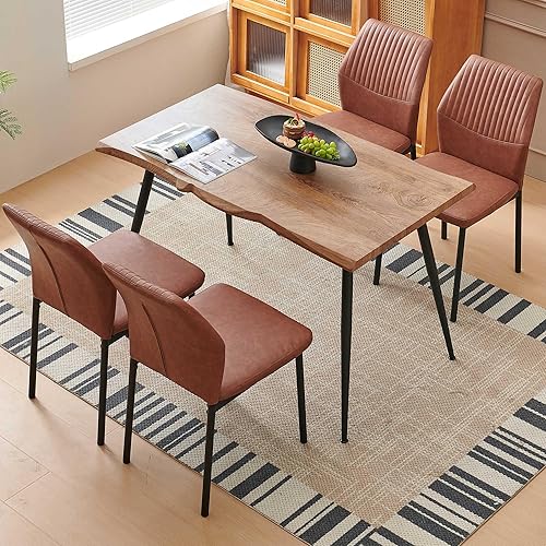 Miniatura 4 de Juego de mesa de comedor para 4, mesa de comedor rectangular irregular de madera moderna, sillas de comedor de cuero, 4 mesas y sillas, juego de 4